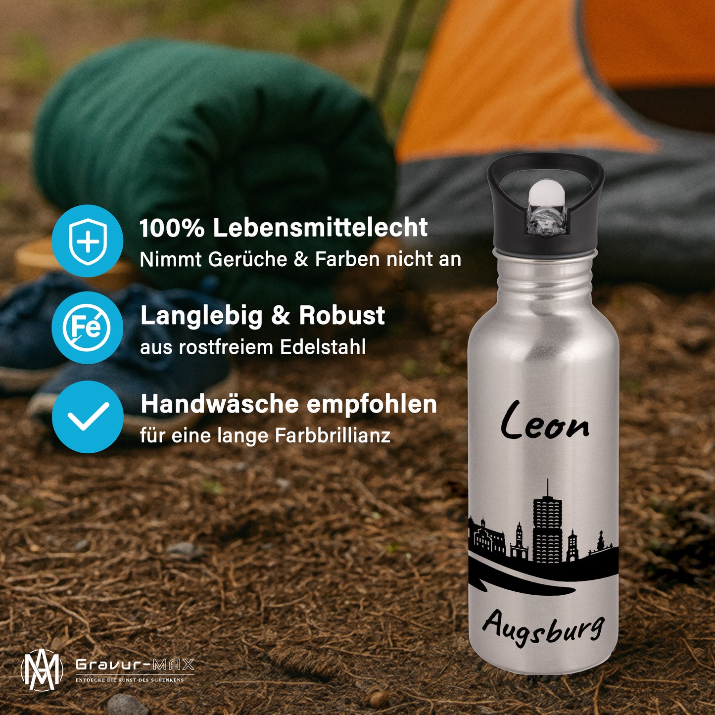 Trinkflasche in Silber 600ml aus Edelstahl bedruckt mit der Skyline von Augsburg personalisierbar mit Wunschname