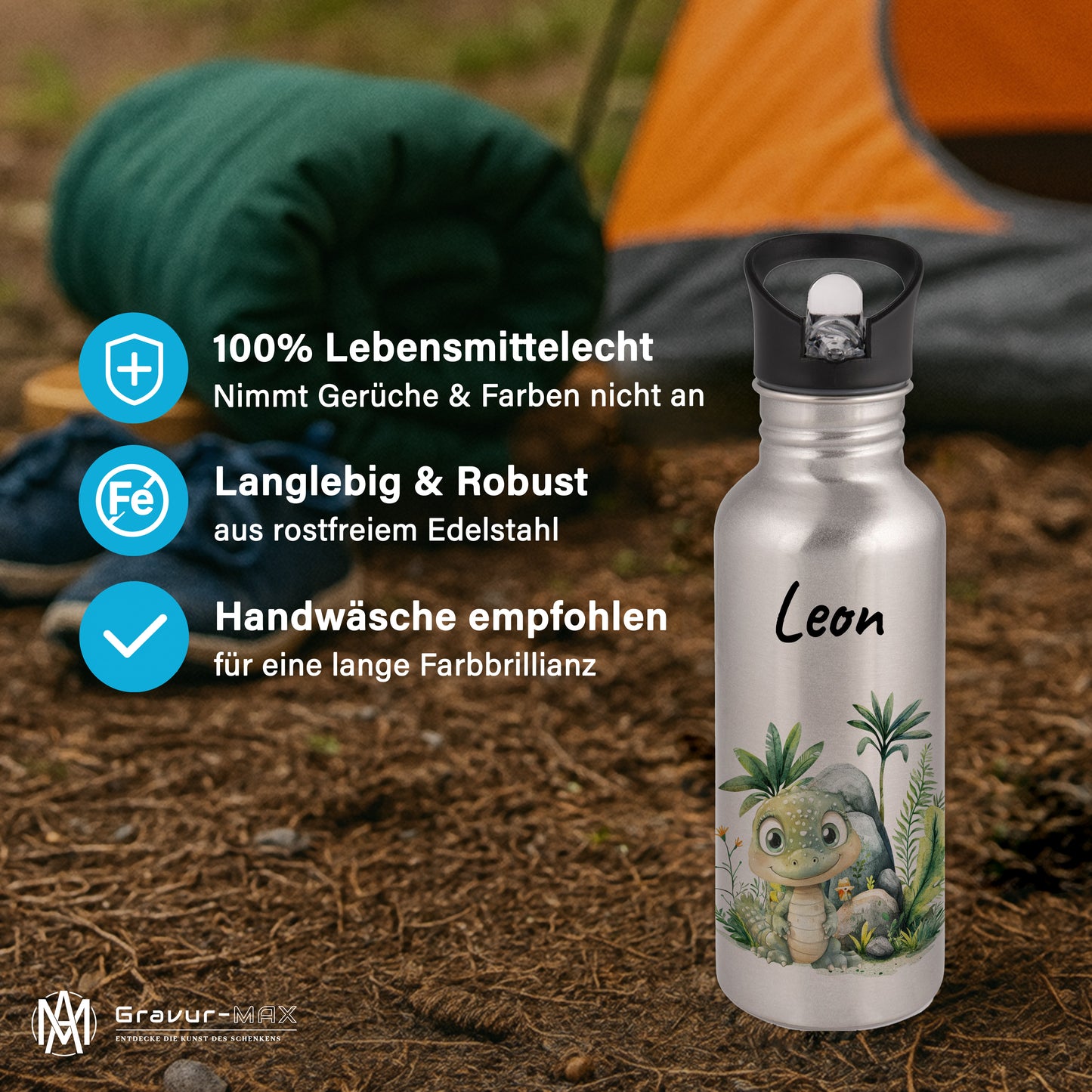 Trinkflasche mit Strohhalm in Silber 600ml bedruckt mit Dschungel Tieren"Krokodil" personalisierbar für Kinder mit Wunschname aus Edelstahl