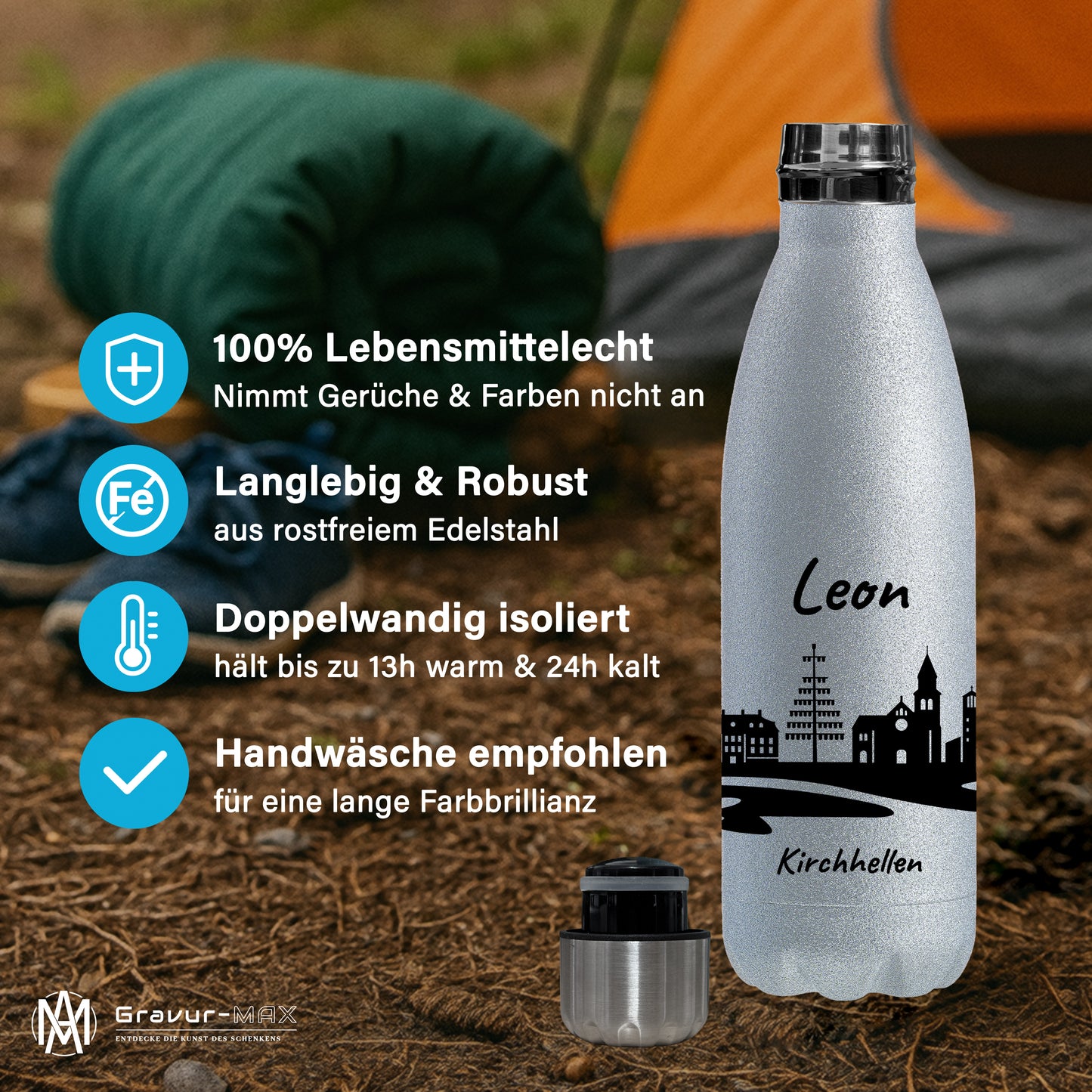 Glitzer Trinkflasche in Silber 500ml aus Edelstahl bedruckt mit der Skyline von Kirchhellen personalisierbar mit Wunschname