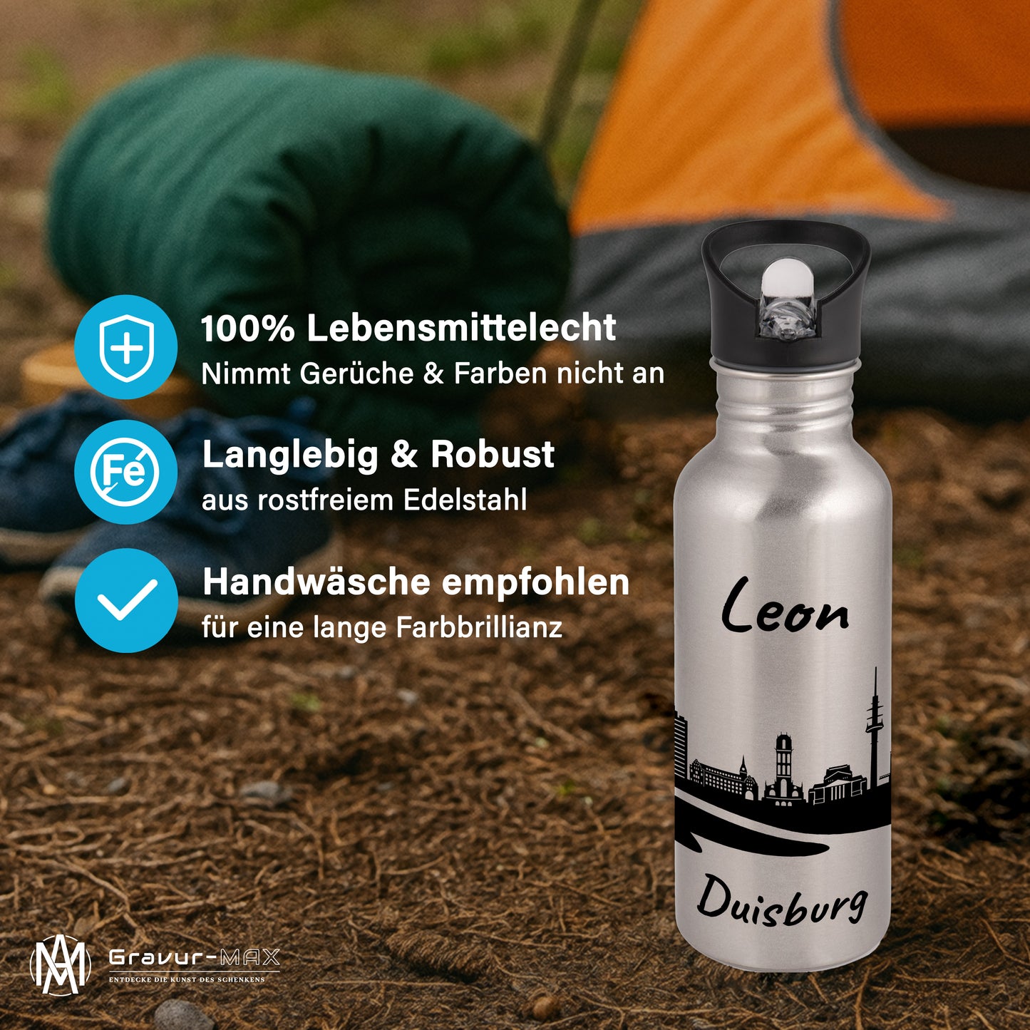 Trinkflasche in Silber 600ml aus Edelstahl bedruckt mit der Skyline von Duisburg personalisierbar mit Wunschname