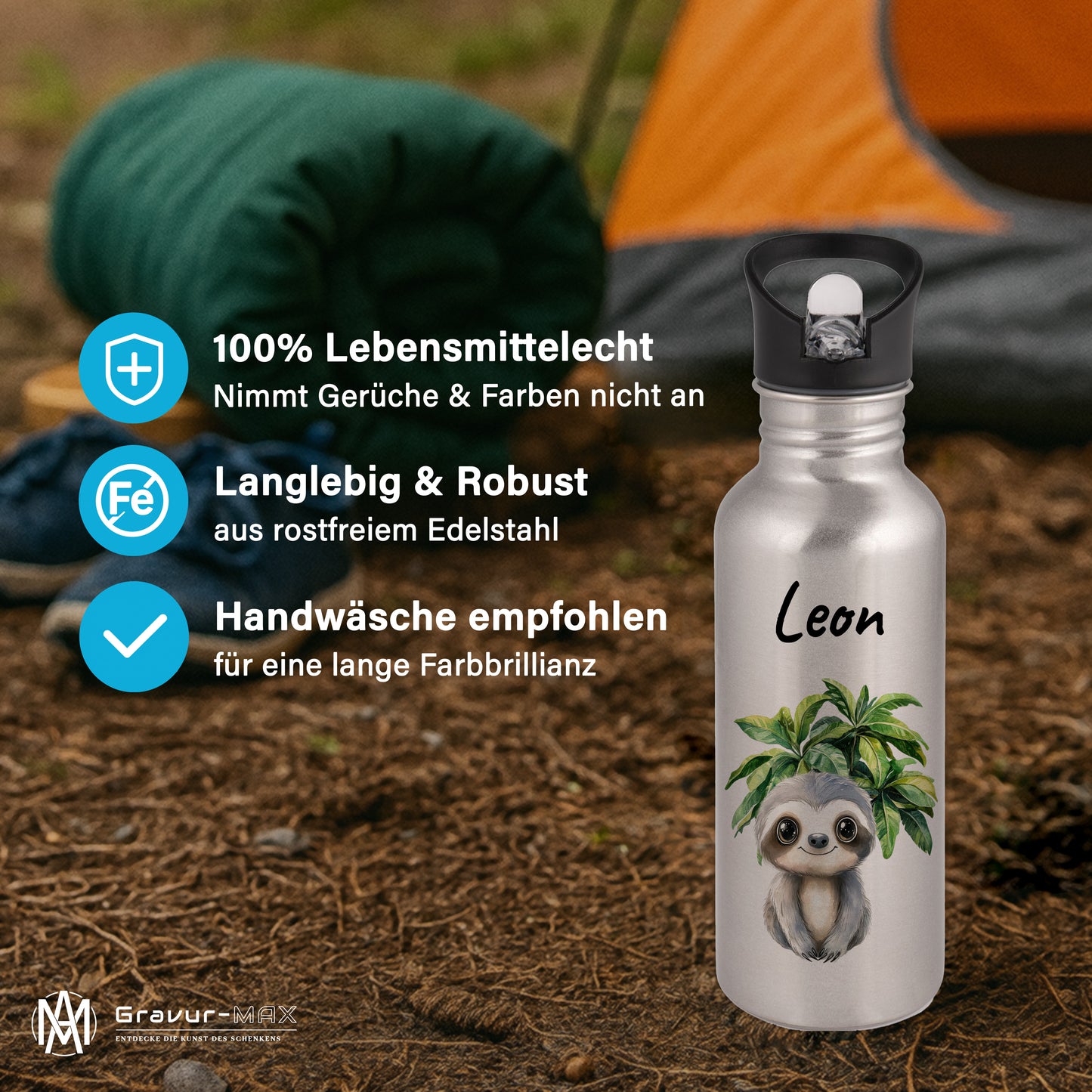 Trinkflasche mit Strohhalm in Silber 600ml bedruckt mit Dschungel Tieren"Faultier" personalisierbar für Kinder mit Wunschname aus Edelstahl