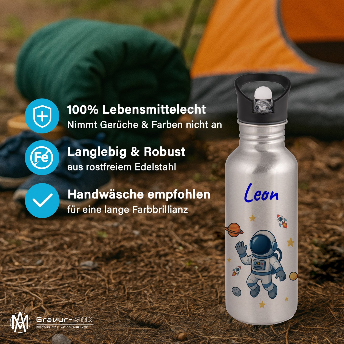 Trinkflasche mit Strohhalm in Silber 600ml bedruckt mit tollen Motiven für Kinder "Astronaut" personalisierbar für Kinder mit Wunschname aus Edelstahl