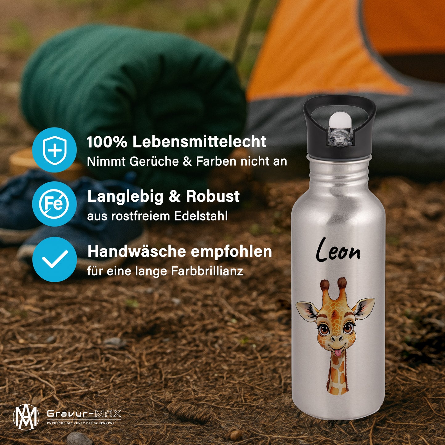 Trinkflasche mit Strohhalm in Silber 600ml bedruckt mit niedlichen Tieren"Giraffe" personalisierbar für Kinder mit Wunschname aus Edelstahl