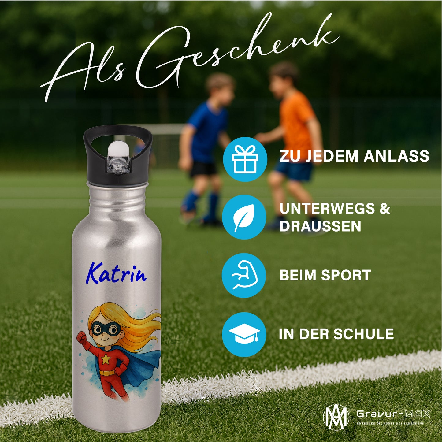 Trinkflasche mit Strohhalm in Silber 600ml bedruckt mit tollen Motiven für Kinder "Superheldin" personalisierbar für Kinder mit Wunschname aus Edelstahl