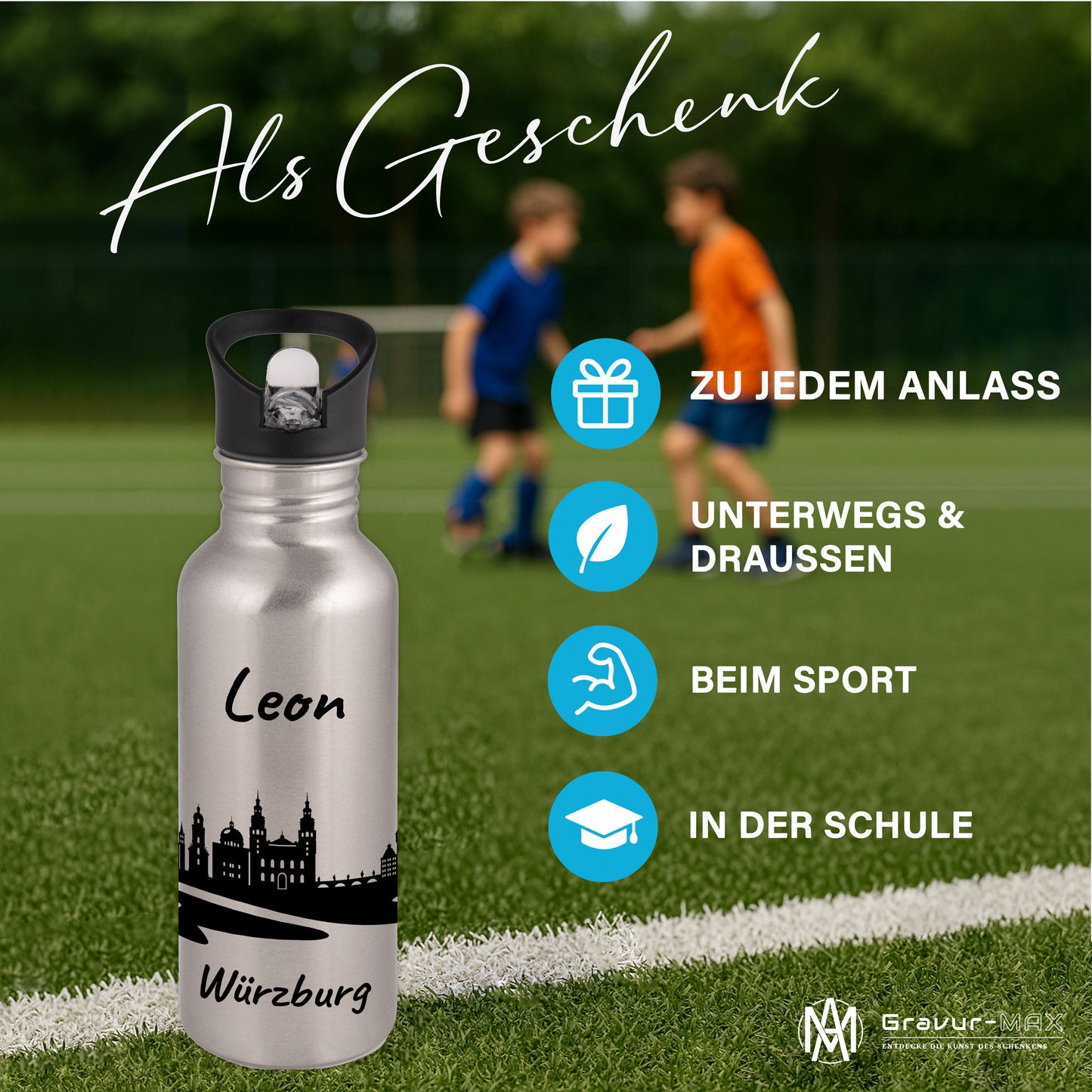 Trinkflasche in Silber 600ml aus Edelstahl bedruckt mit der Skyline von Würzburg personalisierbar mit Wunschname