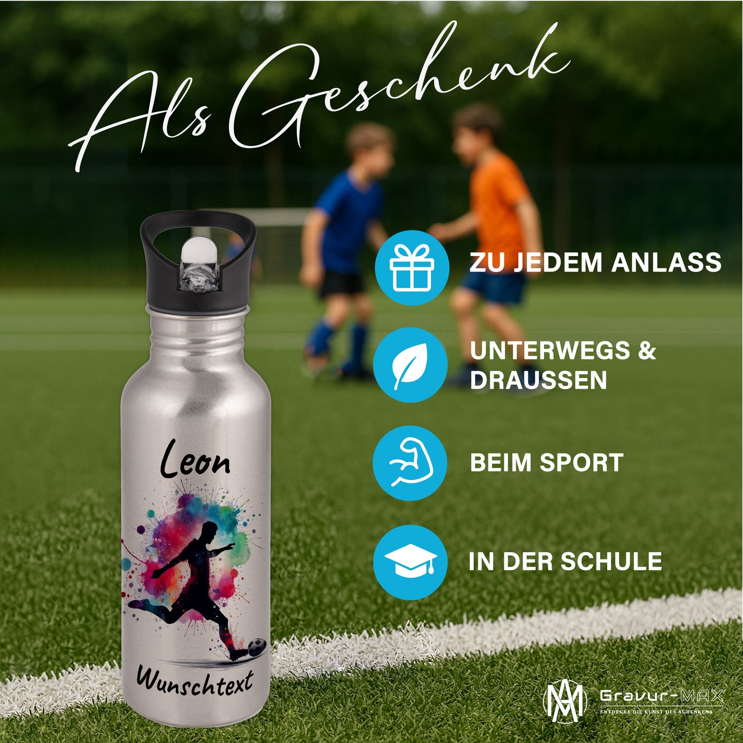 Trinkflasche mit Strohhalm in Silber 600ml bedruckt mit Fußball Motiven"Motiv4" personalisierbar für Kinder mit Wunschname aus Edelstahl