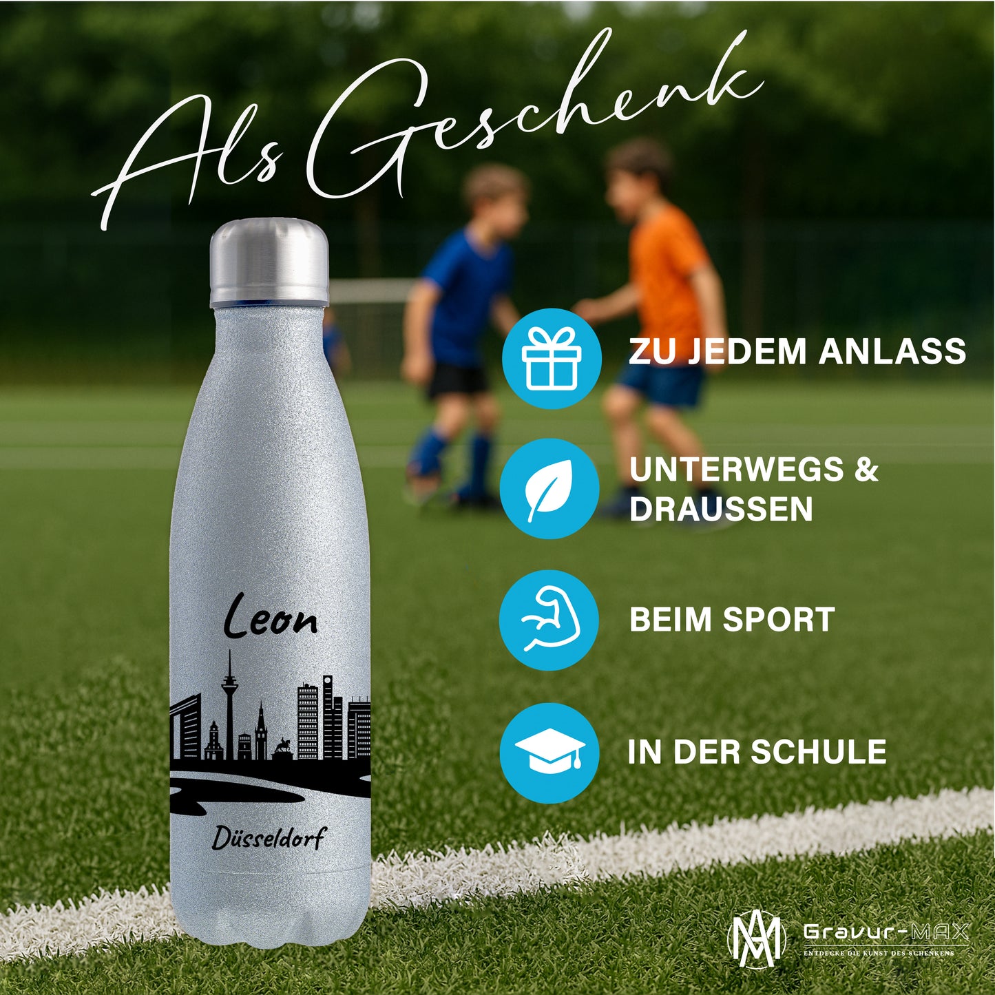 Glitzer Trinkflasche in Silber 500ml aus Edelstahl bedruckt mit der Skyline von Düsseldorf personalisierbar mit Wunschname