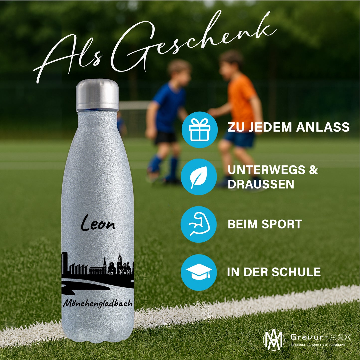 Glitzer Trinkflasche in Silber 500ml aus Edelstahl bedruckt mit der Skyline von Mönchengladbach personalisierbar mit Wunschname