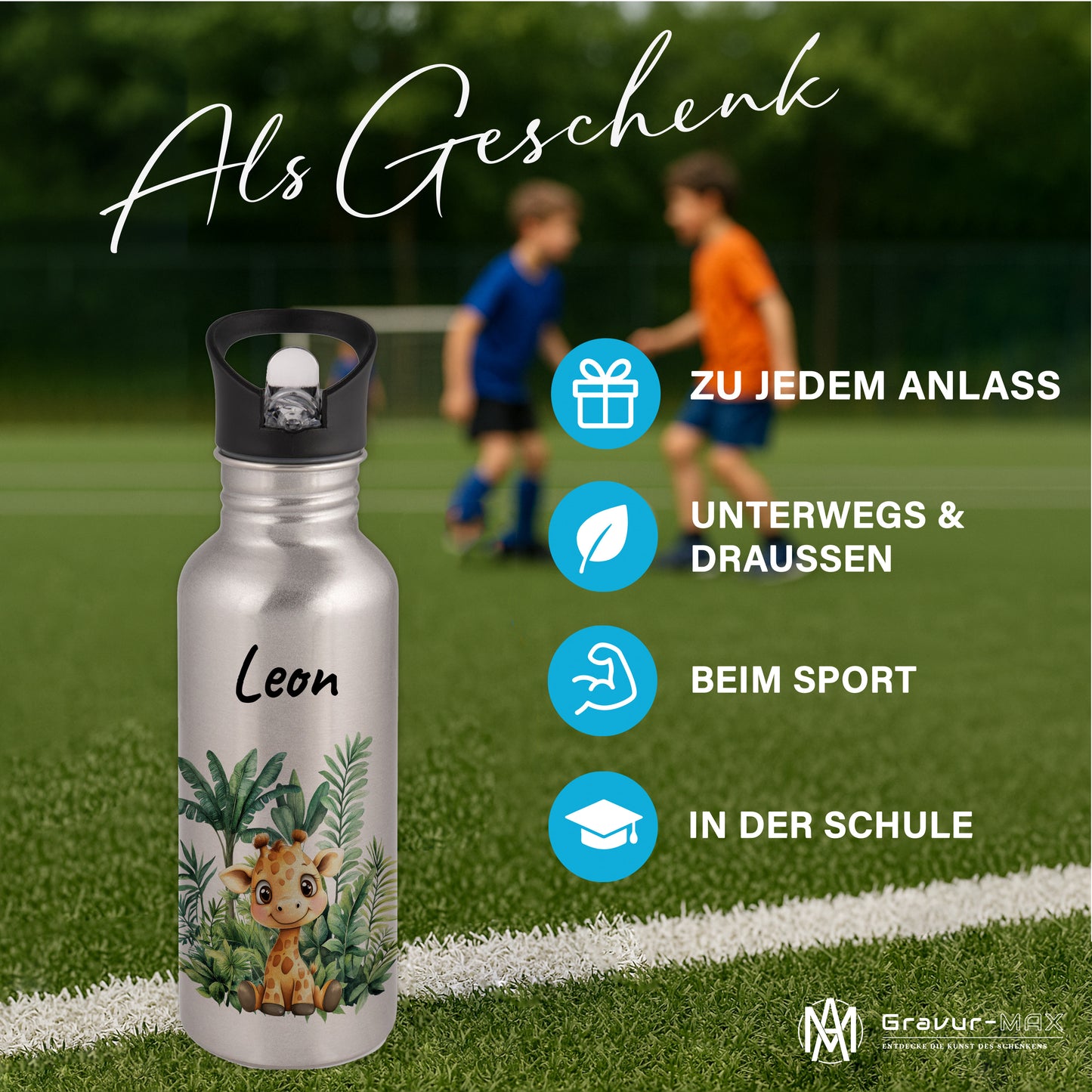 Trinkflasche mit Strohhalm in Silber 600ml bedruckt mit Dschungel Tieren"Giraffe" personalisierbar für Kinder mit Wunschname aus Edelstahl