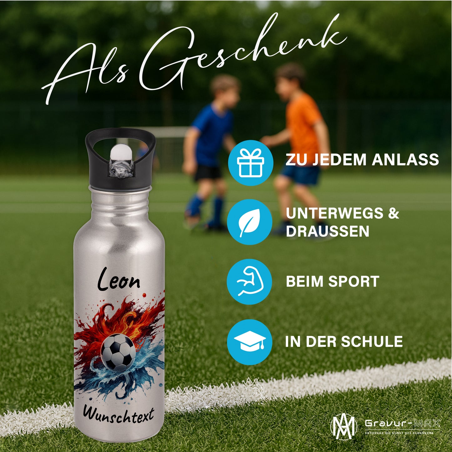 Trinkflasche mit Strohhalm in Silber 600ml bedruckt mit Fußball Motiven"Motiv12" personalisierbar für Kinder mit Wunschname aus Edelstahl