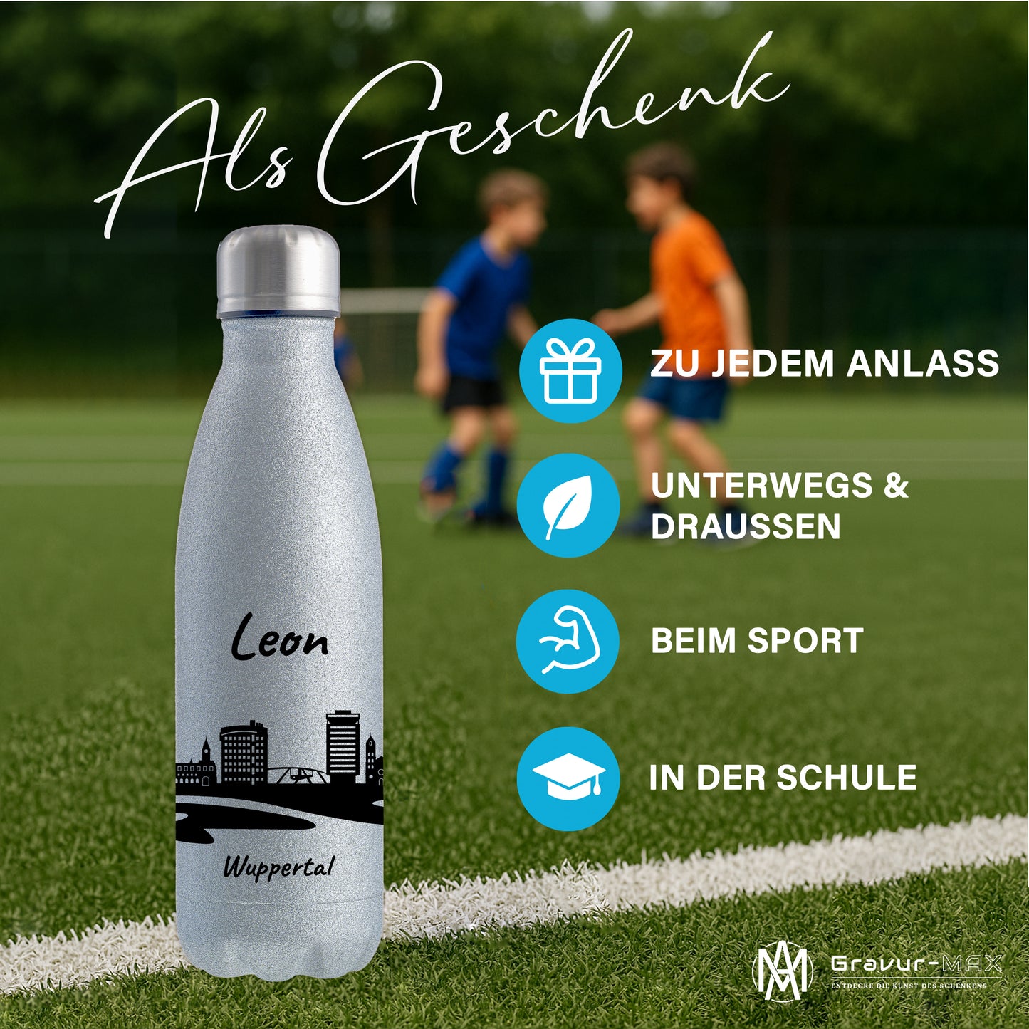 Glitzer Trinkflasche in Silber 500ml aus Edelstahl bedruckt mit der Skyline von Wuppertal personalisierbar mit Wunschname