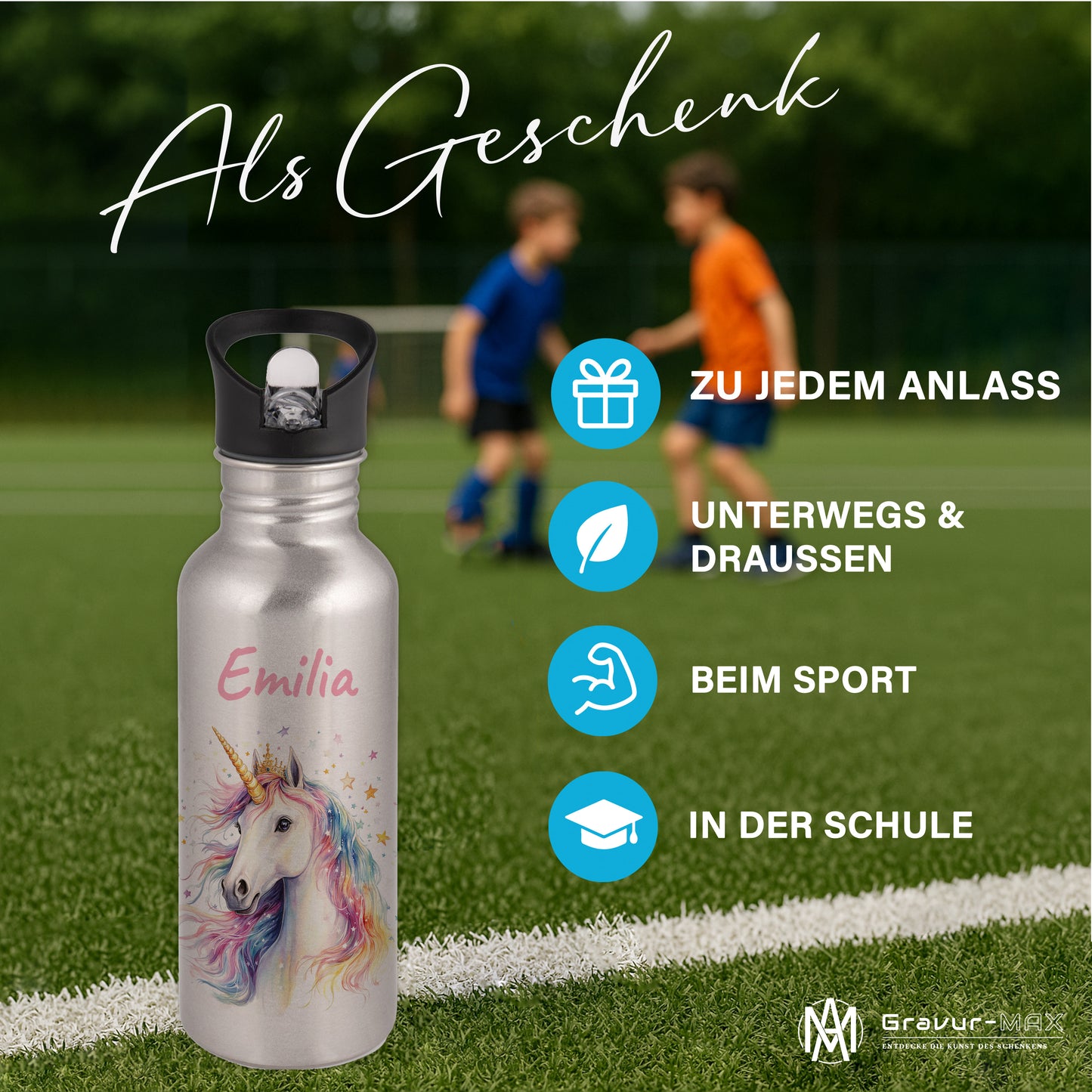 Trinkflasche mit Strohhalm in Silber 600ml bedruckt mit tollen Motiven für Kinder "Einhorn" personalisierbar für Kinder mit Wunschname aus Edelstahl