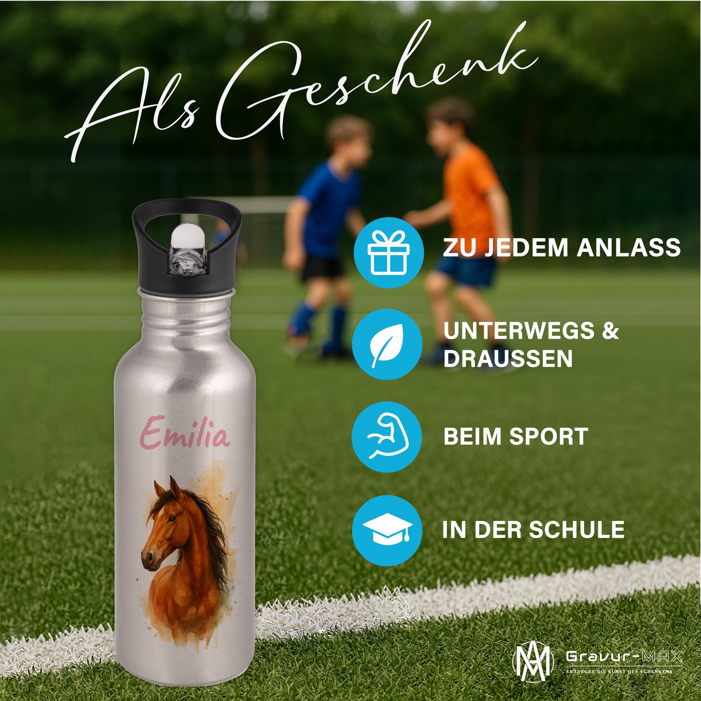 Trinkflasche mit Strohhalm in Silber 600ml bedruckt mit tollen Motiven für Kinder "Pferd" personalisierbar für Kinder mit Wunschname aus Edelstahl