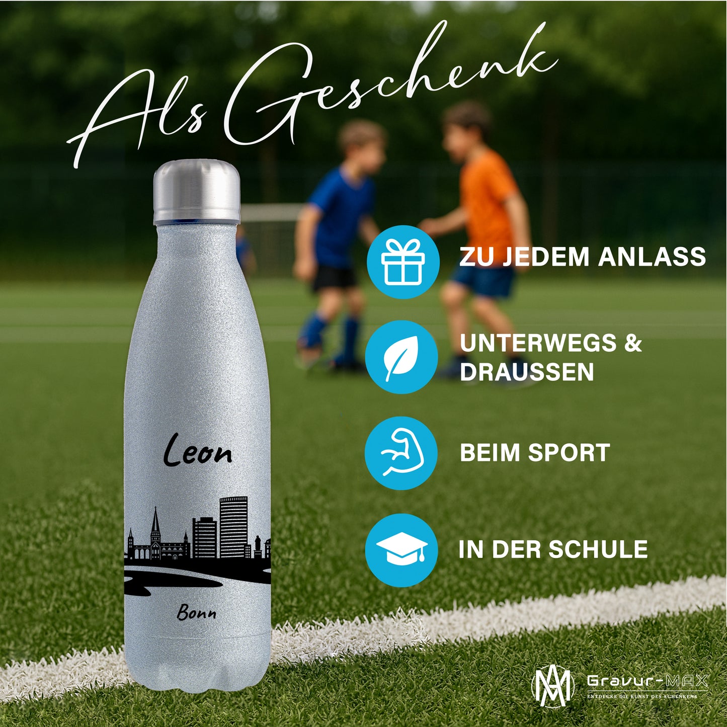 Glitzer Trinkflasche in Silber 500ml aus Edelstahl bedruckt mit der Skyline von Bonn personalisierbar mit Wunschname
