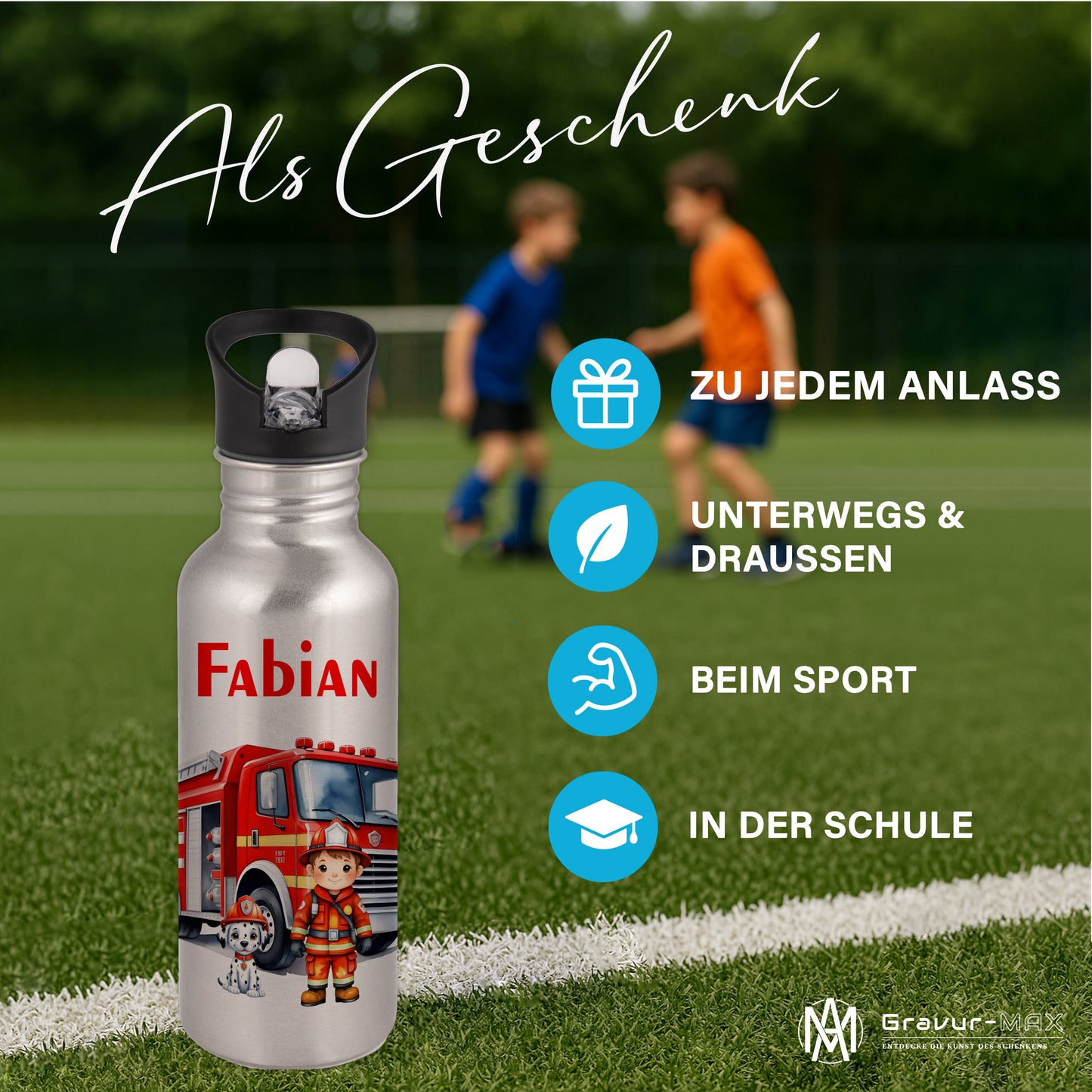 Trinkflasche mit Strohhalm in Silber 600ml bedruckt mit tollen Motiven für Kinder "Feuerwehr" personalisierbar für Kinder mit Wunschname aus Edelstahl