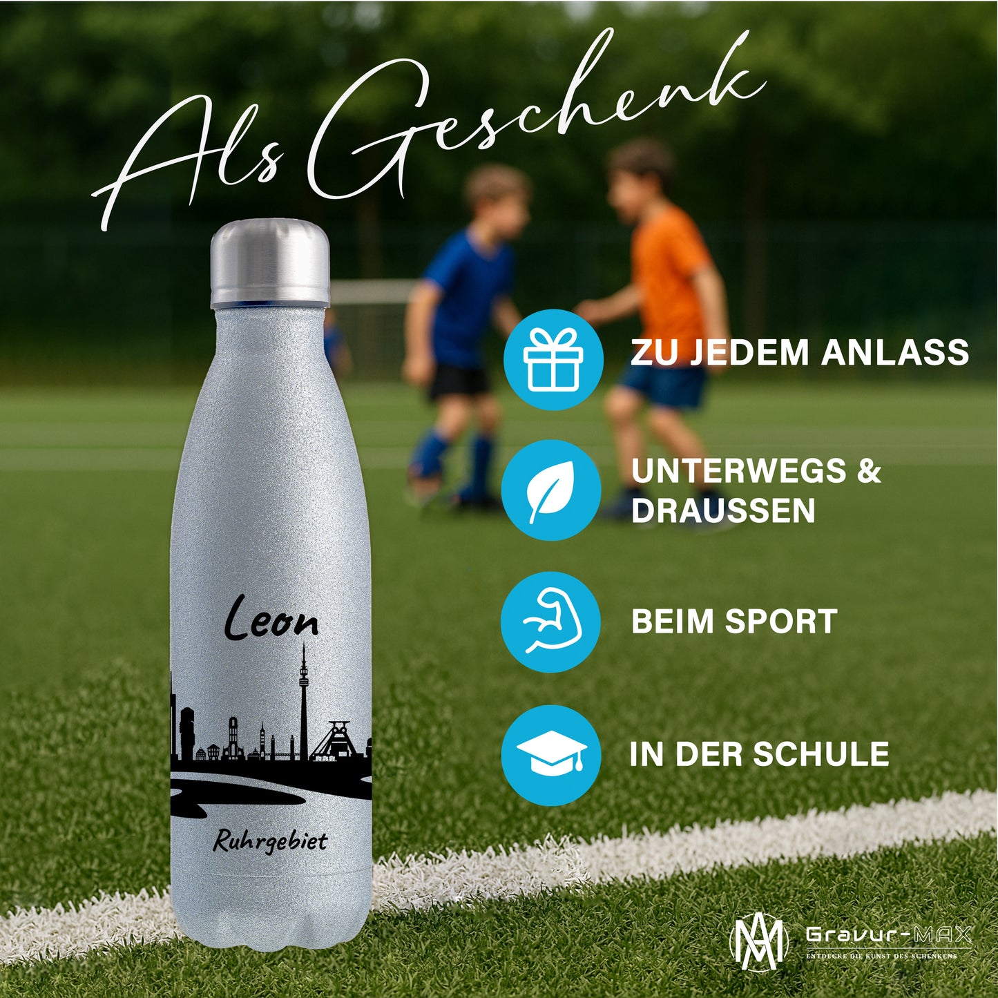 Glitzer Trinkflasche in Silber 500ml aus Edelstahl bedruckt mit der Skyline von Ruhrgebiet personalisierbar mit Wunschname