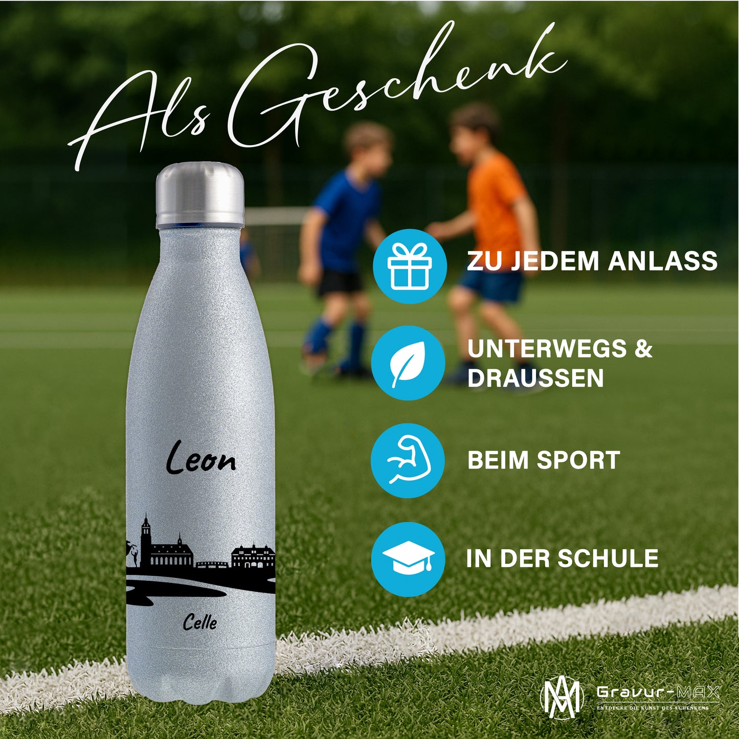 Glitzer Trinkflasche in Silber 500ml aus Edelstahl bedruckt mit der Skyline von Celle personalisierbar mit Wunschname
