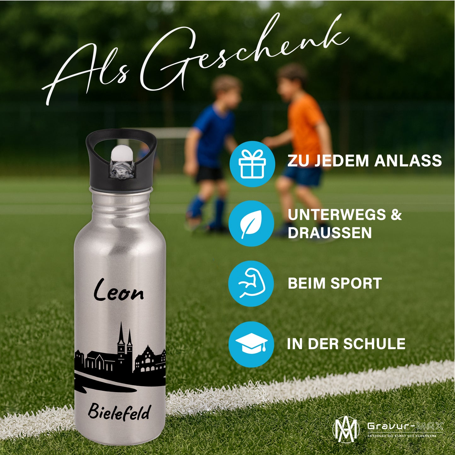 Trinkflasche in Silber 600ml aus Edelstahl bedruckt mit der Skyline von Bielefeld personalisierbar mit Wunschname