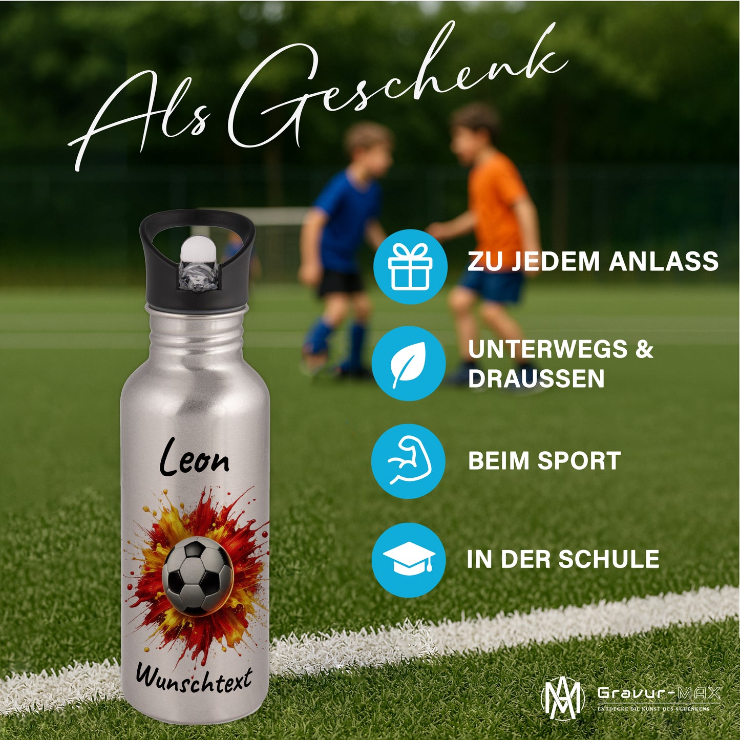 Trinkflasche mit Strohhalm in Silber 600ml bedruckt mit Fußball Motiven"Motiv9" personalisierbar für Kinder mit Wunschname aus Edelstahl