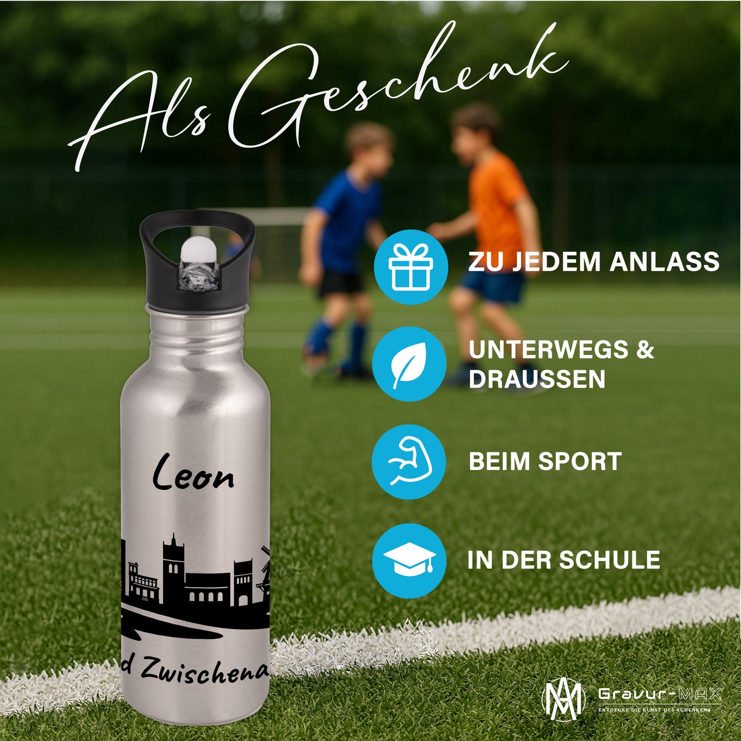 Trinkflasche in Silber 600ml aus Edelstahl bedruckt mit der Skyline von Bad Zwischenahn personalisierbar mit Wunschname