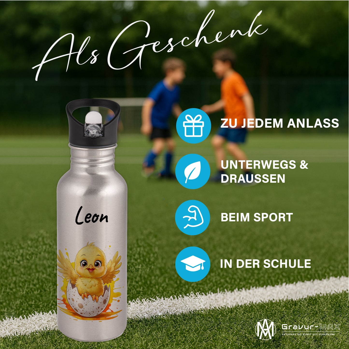 Trinkflasche mit Strohhalm in Silber 600ml bedruckt mit niedlichen Tieren"Küken" personalisierbar für Kinder mit Wunschname aus Edelstahl
