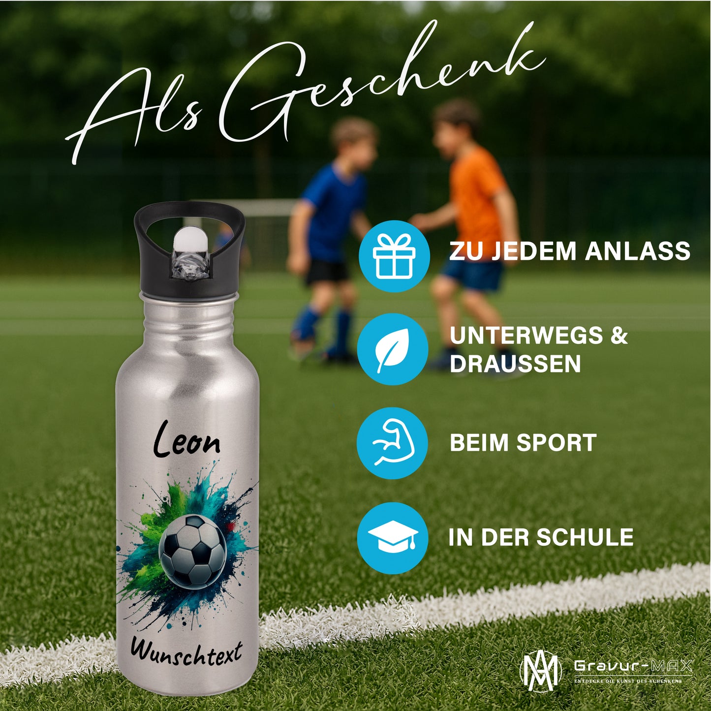 Trinkflasche mit Strohhalm in Silber 600ml bedruckt mit Fußball Motiven"Motiv8" personalisierbar für Kinder mit Wunschname aus Edelstahl