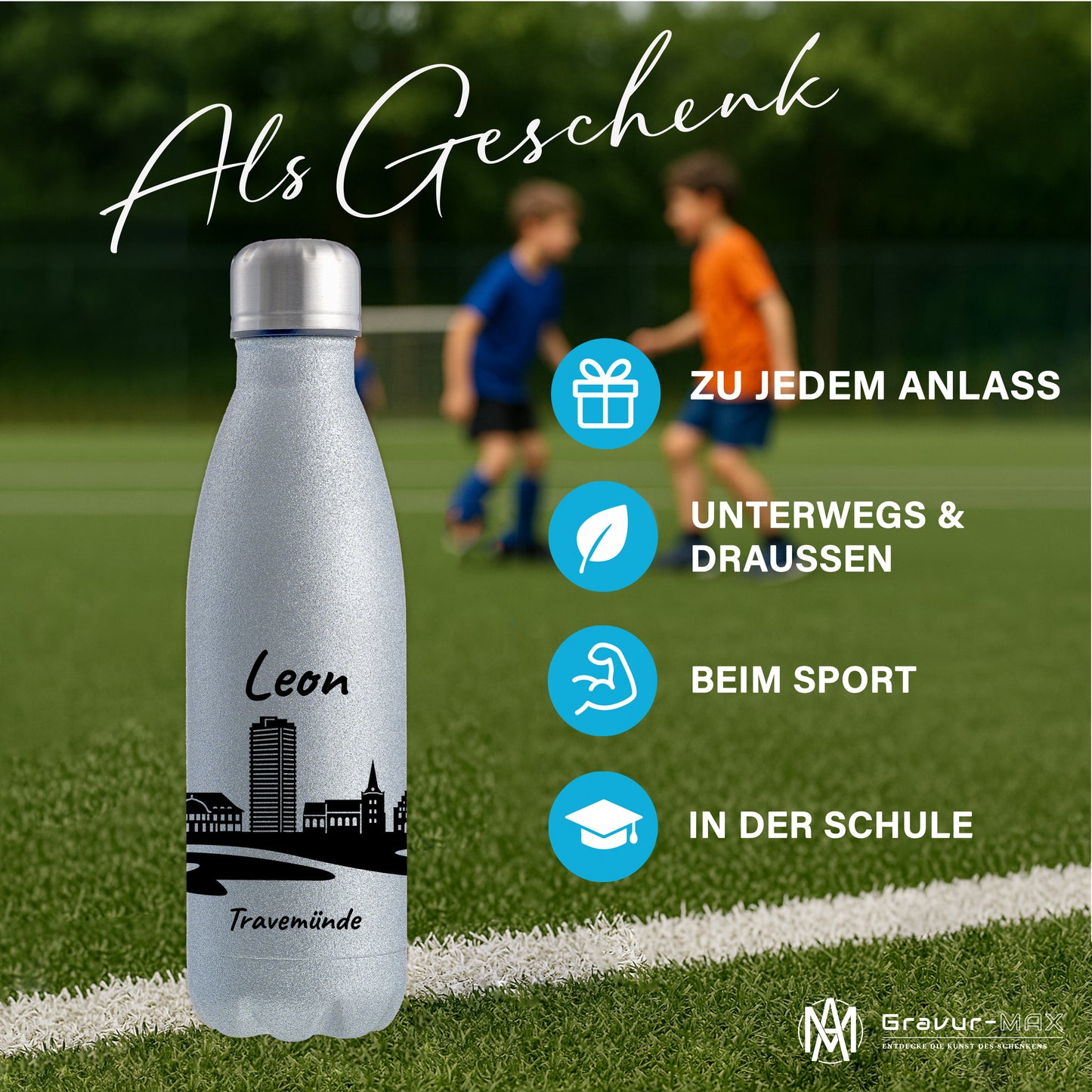 Glitzer Trinkflasche in Silber 500ml aus Edelstahl bedruckt mit der Skyline von Travemünde personalisierbar mit Wunschname