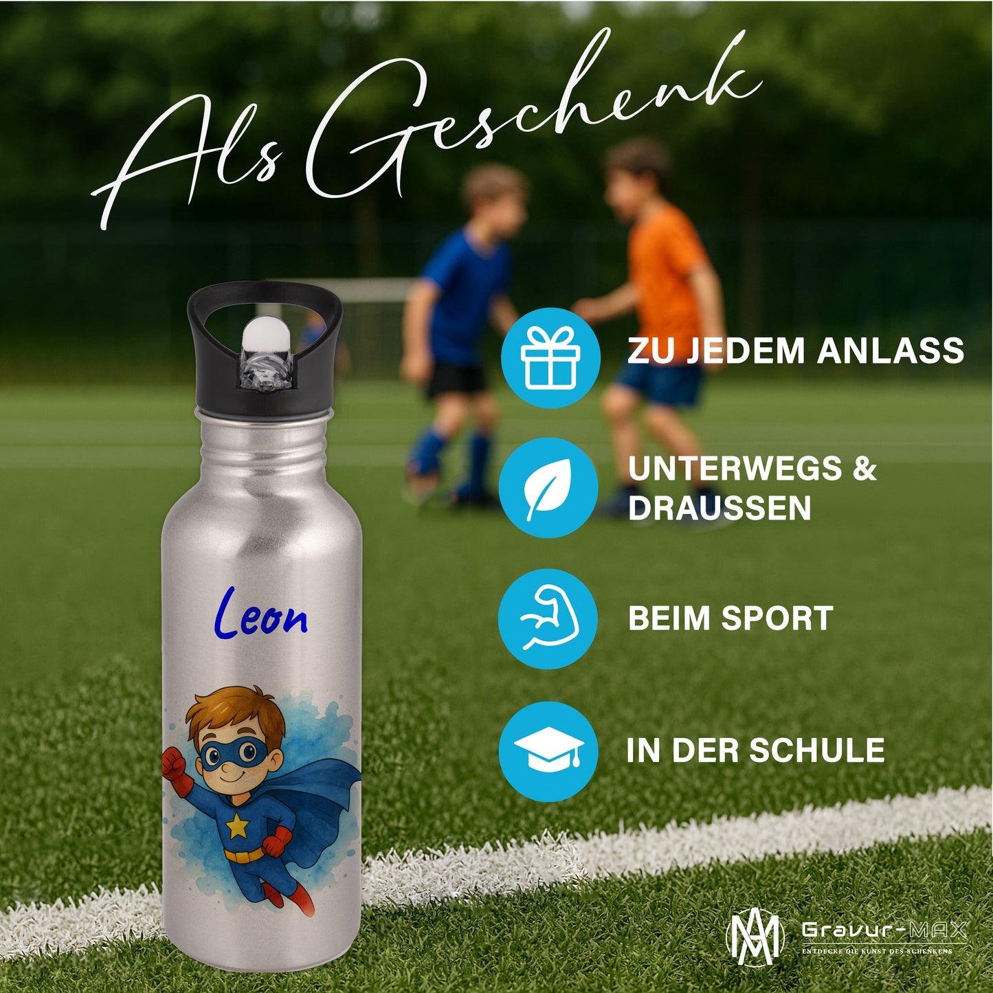 Trinkflasche mit Strohhalm in Silber 600ml bedruckt mit tollen Motiven für Kinder "Superheld" personalisierbar für Kinder mit Wunschname aus Edelstahl