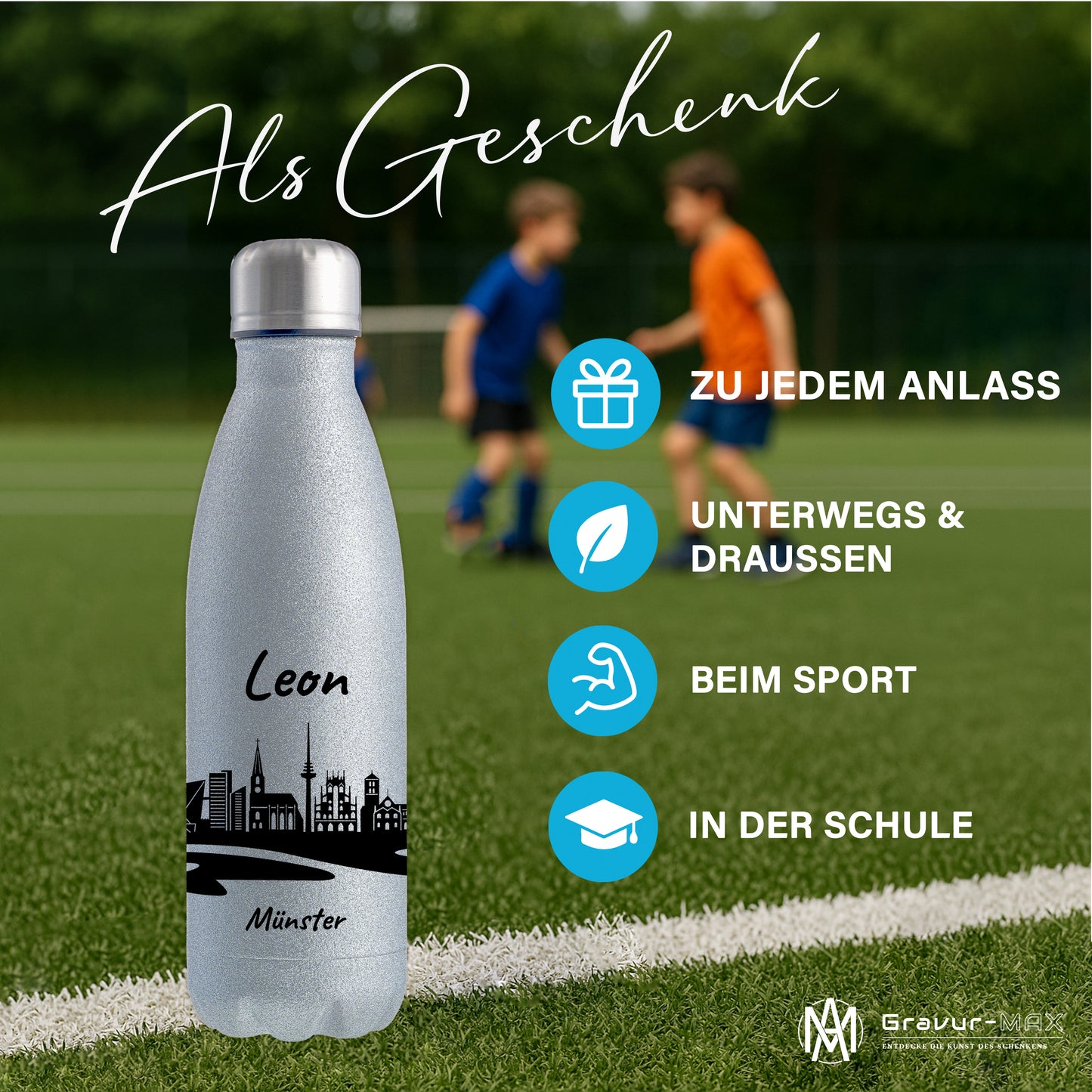 Glitzer Trinkflasche in Silber 500ml aus Edelstahl bedruckt mit der Skyline von Münster personalisierbar mit Wunschname