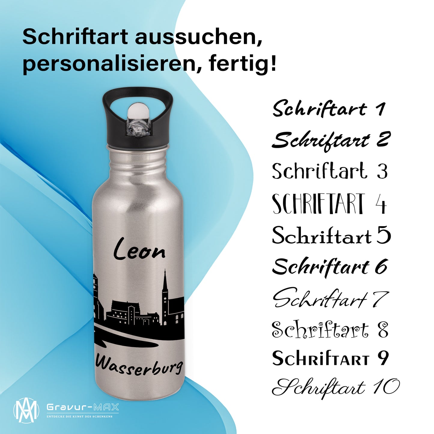 Trinkflasche in Silber 600ml aus Edelstahl bedruckt mit der Skyline von Wasserburg personalisierbar mit Wunschname