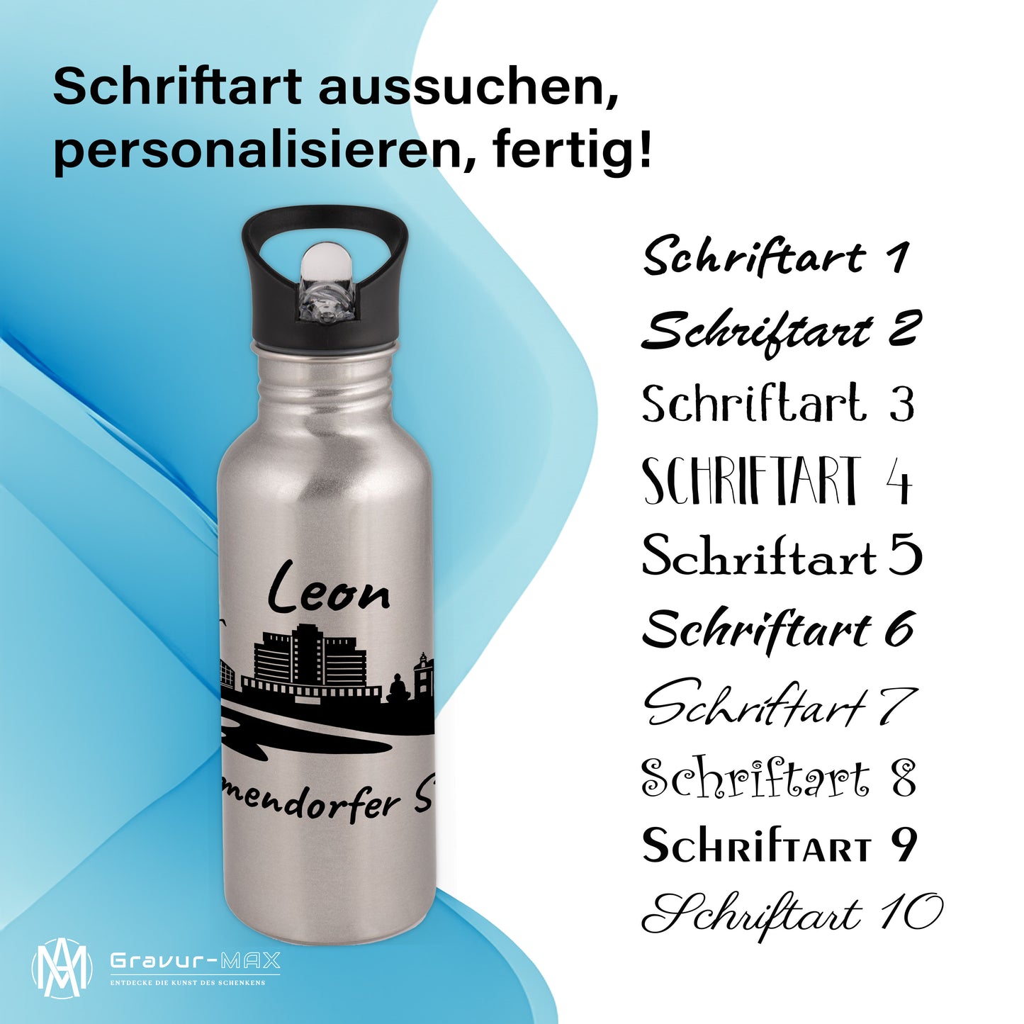 Trinkflasche in Silber 600ml aus Edelstahl bedruckt mit der Skyline von Timmendorfer Strand personalisierbar mit Wunschname
