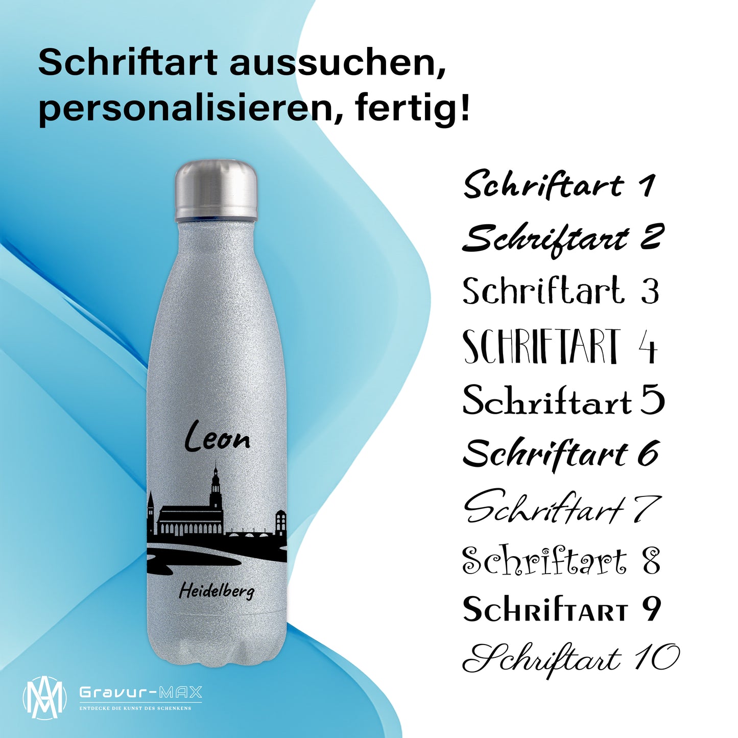 Glitzer Trinkflasche in Silber 500ml aus Edelstahl bedruckt mit der Skyline von Heidelberg personalisierbar mit Wunschname