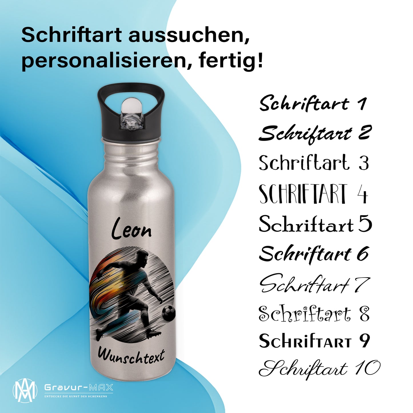 Trinkflasche mit Strohhalm in Silber 600ml bedruckt mit Fußball Motiven"Motiv2" personalisierbar für Kinder mit Wunschname aus Edelstahl