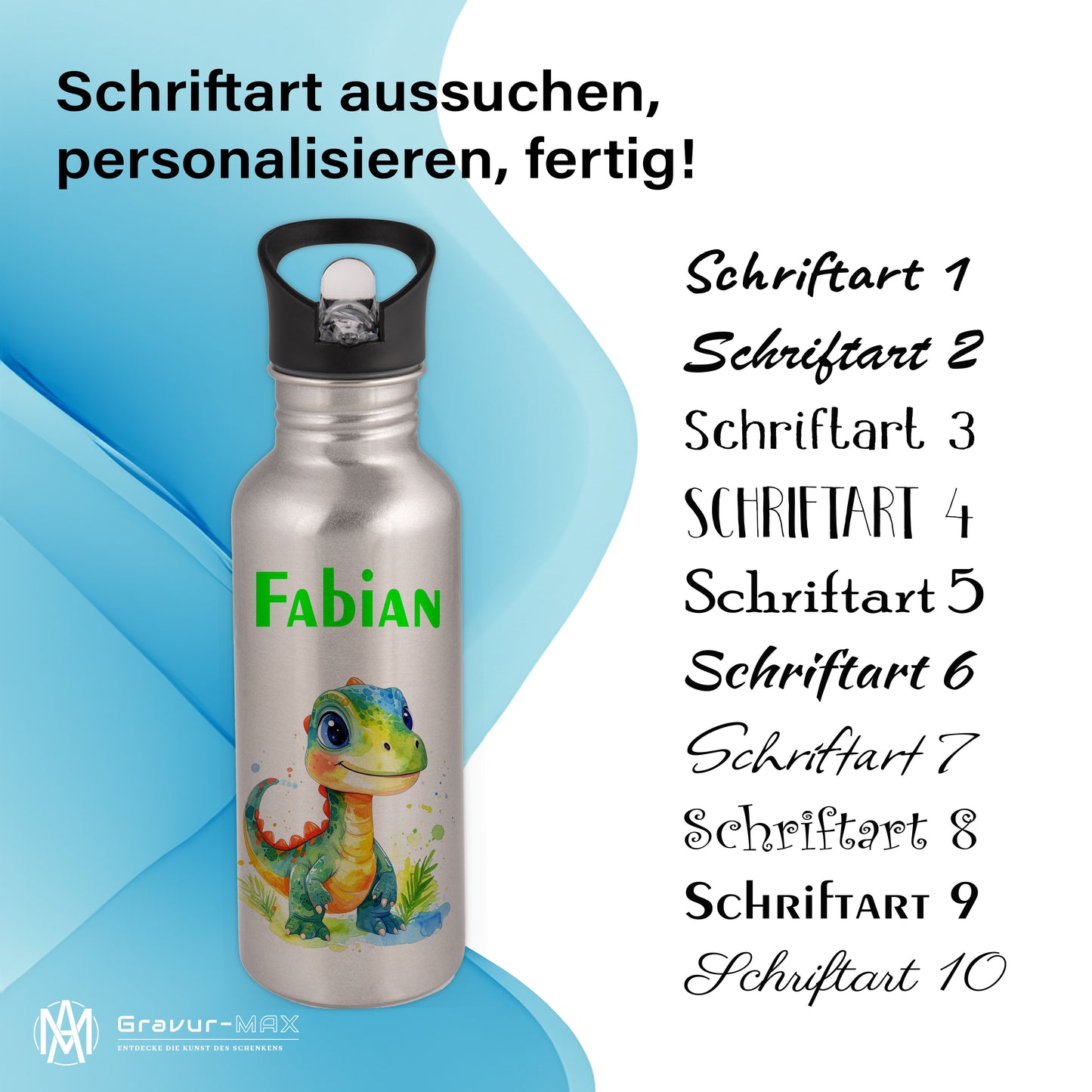 Trinkflasche mit Strohhalm in Silber 600ml bedruckt mit tollen Motiven für Kinder "Dino Kinder" personalisierbar für Kinder mit Wunschname aus Edelstahl
