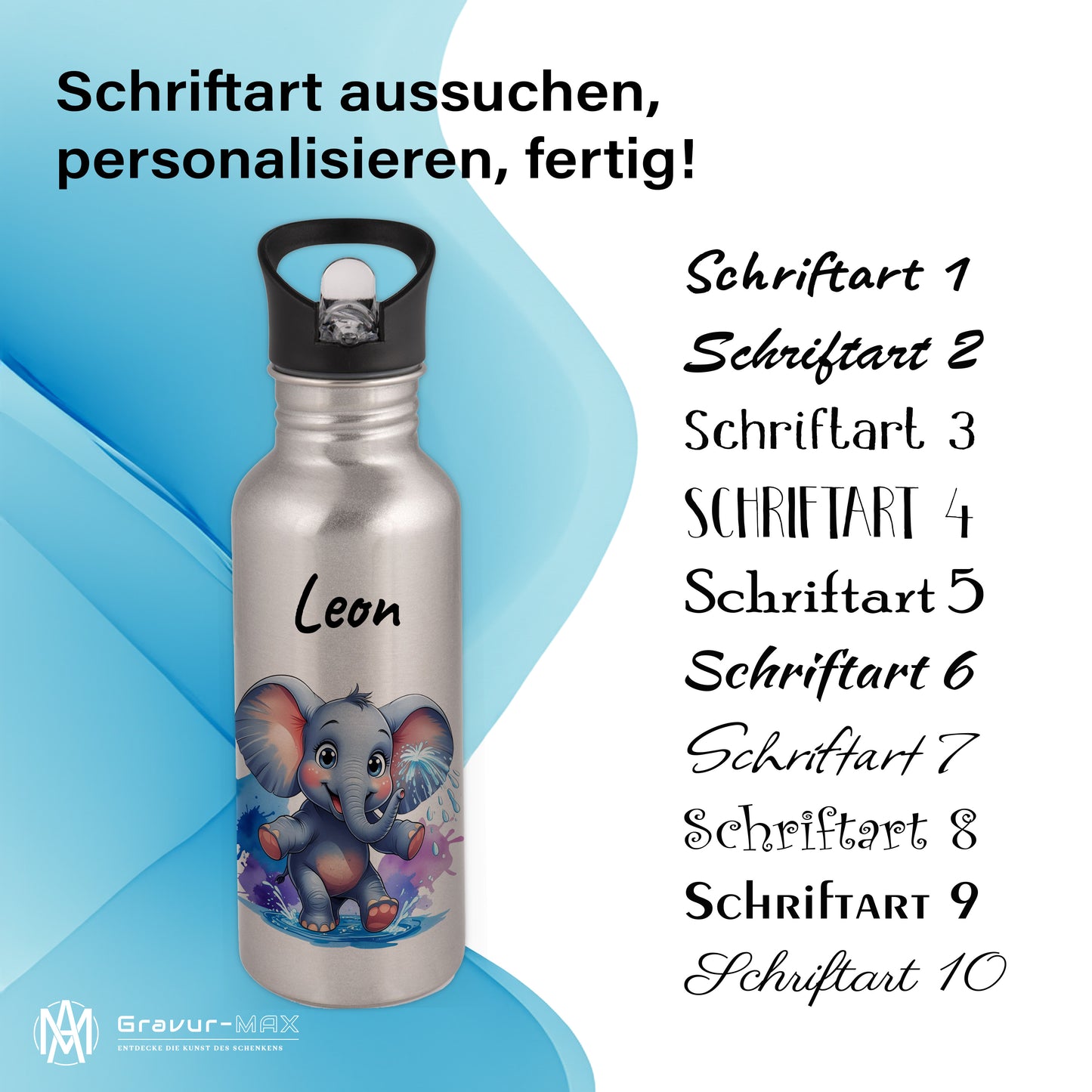 Trinkflasche mit Strohhalm in Silber 600ml bedruckt mit niedlichen Tieren"Elefant" personalisierbar für Kinder mit Wunschname aus Edelstahl