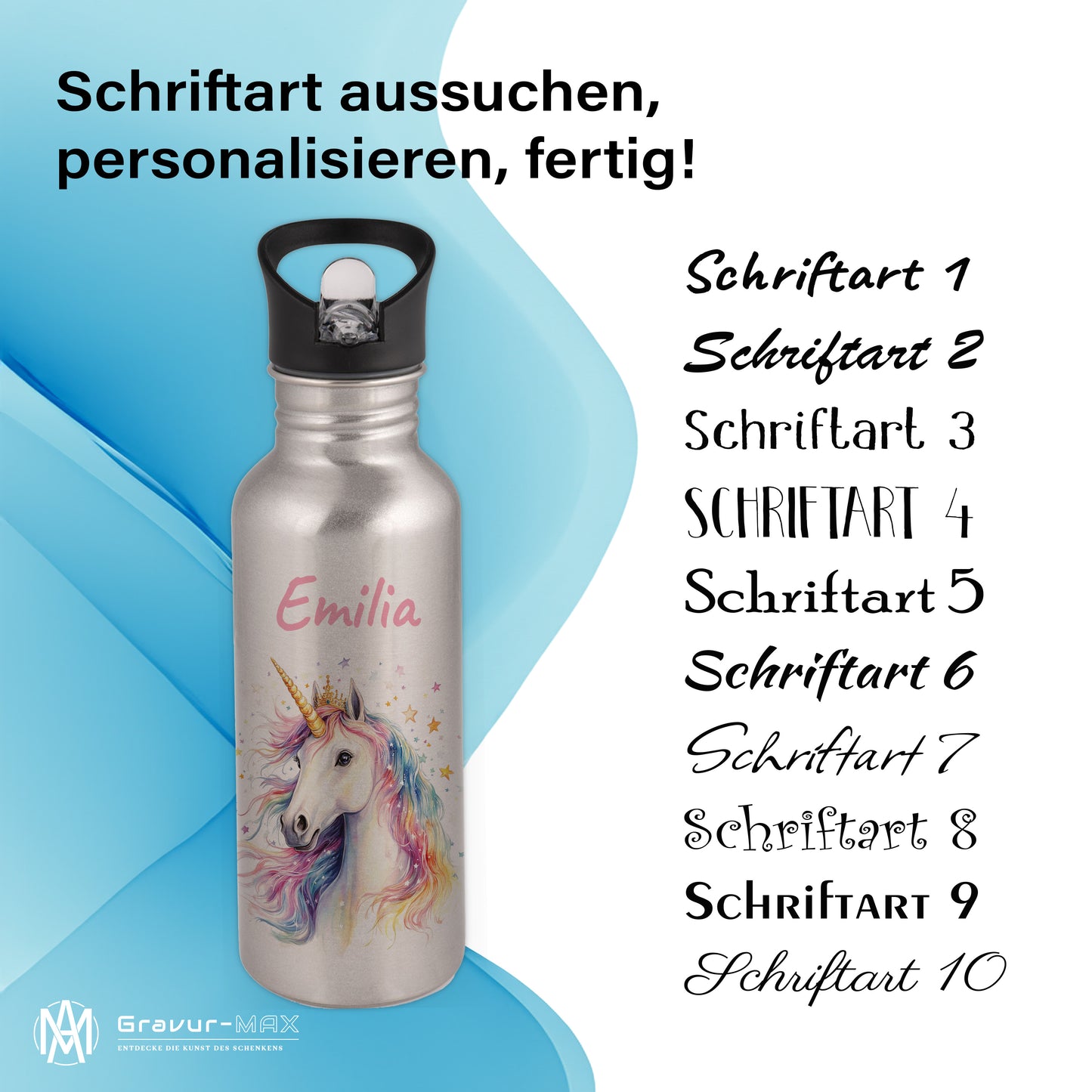 Trinkflasche mit Strohhalm in Silber 600ml bedruckt mit tollen Motiven für Kinder "Einhorn" personalisierbar für Kinder mit Wunschname aus Edelstahl