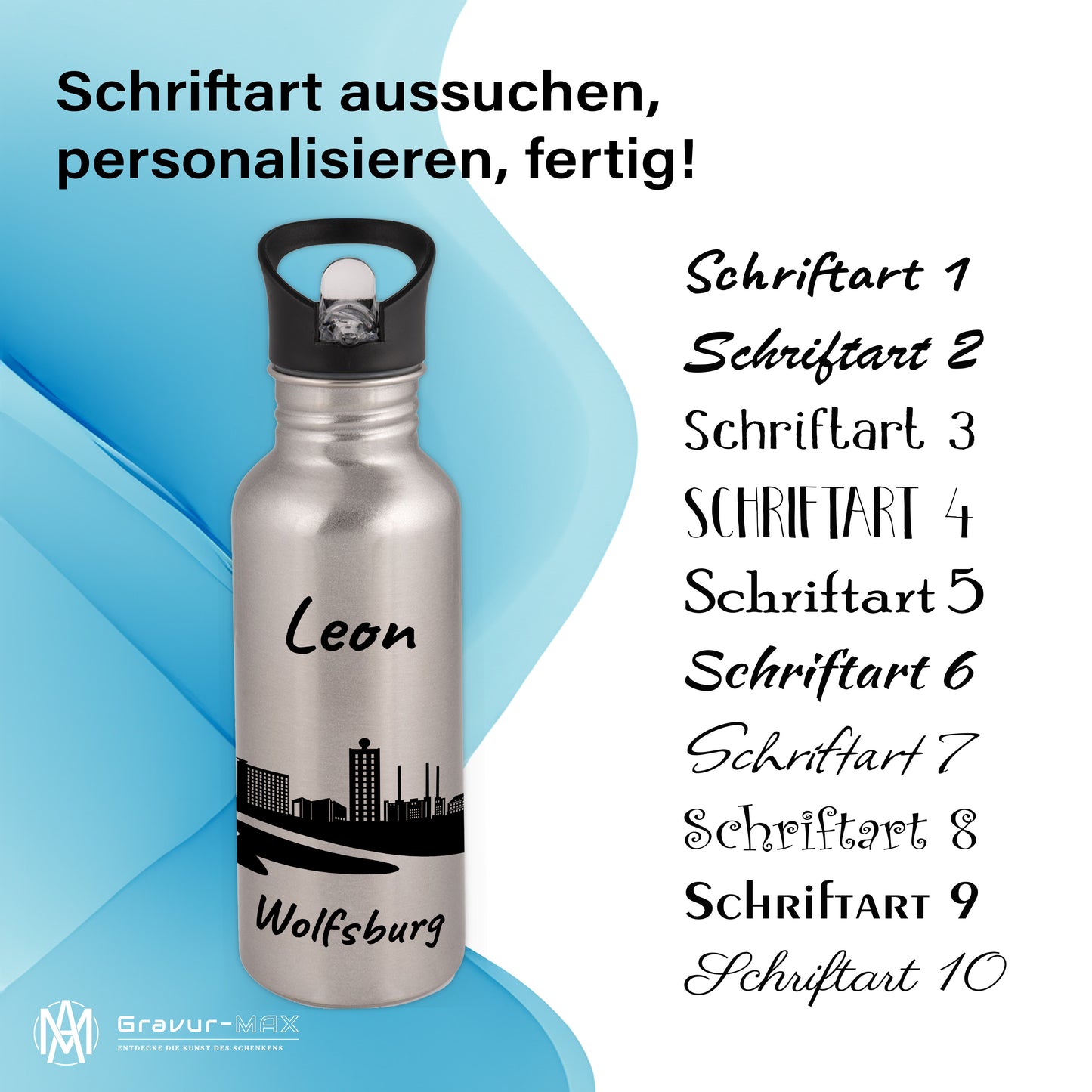 Trinkflasche in Silber 600ml aus Edelstahl bedruckt mit der Skyline von Wolfsburg personalisierbar mit Wunschname