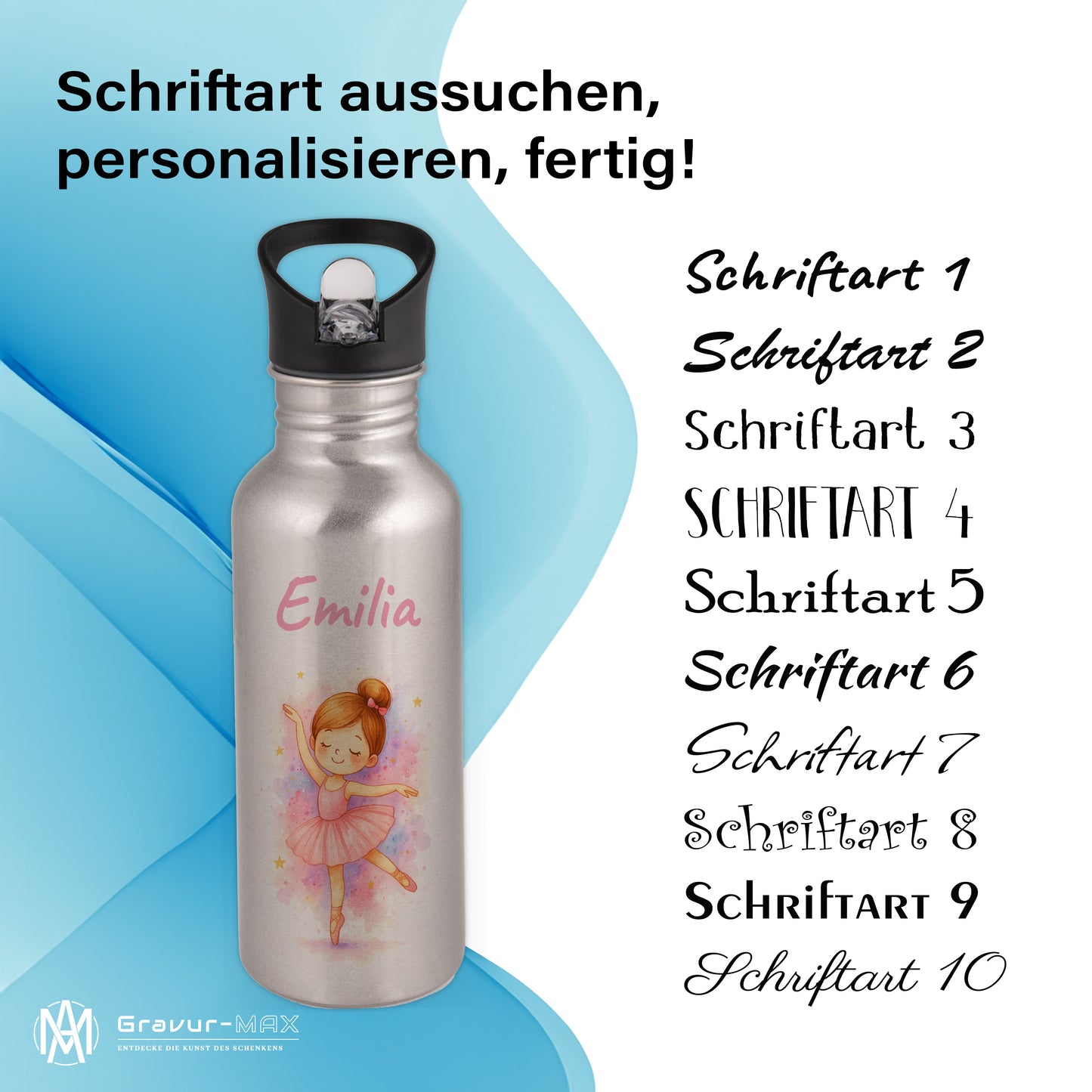 Trinkflasche mit Strohhalm in Silber 600ml bedruckt mit tollen Motiven für Kinder "Ballerina" personalisierbar für Kinder mit Wunschname aus Edelstahl