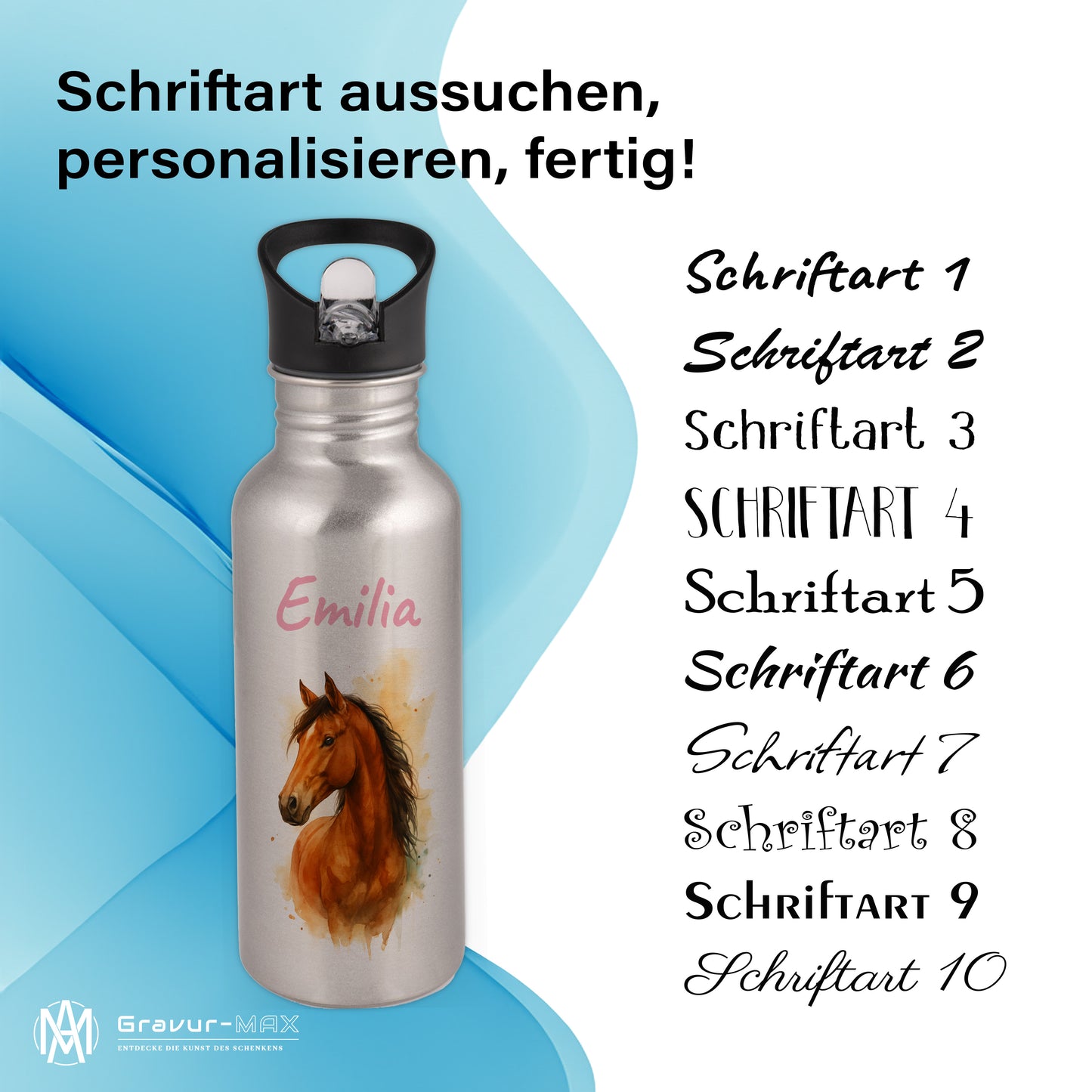 Trinkflasche mit Strohhalm in Silber 600ml bedruckt mit tollen Motiven für Kinder "Pferd" personalisierbar für Kinder mit Wunschname aus Edelstahl