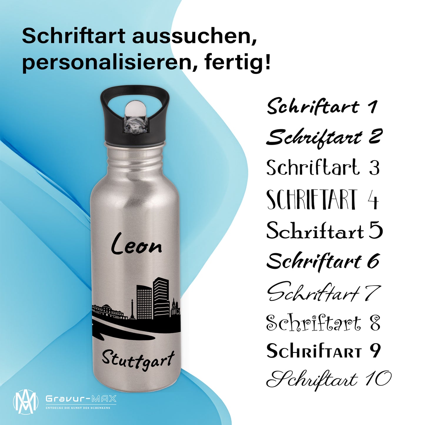 Trinkflasche in Silber 600ml aus Edelstahl bedruckt mit der Skyline von Stuttgart personalisierbar mit Wunschname