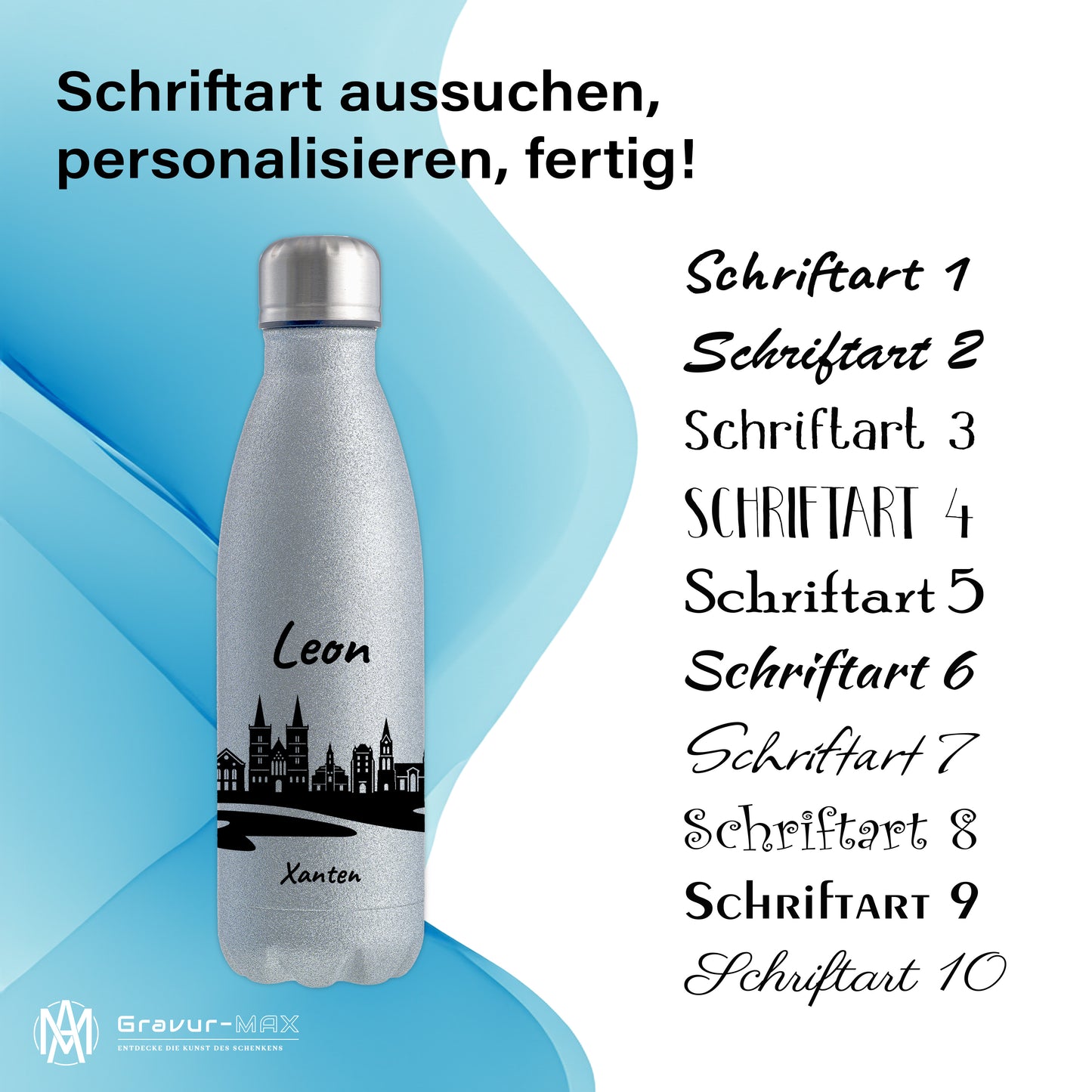 Glitzer Trinkflasche in Silber 500ml aus Edelstahl bedruckt mit der Skyline von Xanten personalisierbar mit Wunschname