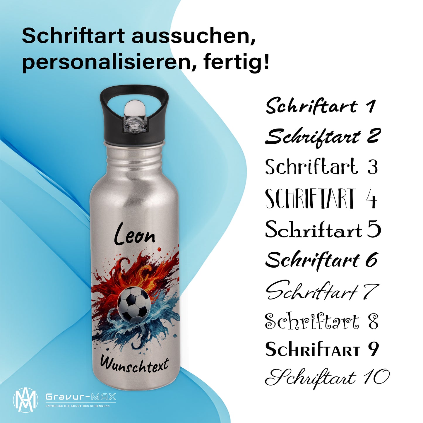 Trinkflasche mit Strohhalm in Silber 600ml bedruckt mit Fußball Motiven"Motiv12" personalisierbar für Kinder mit Wunschname aus Edelstahl