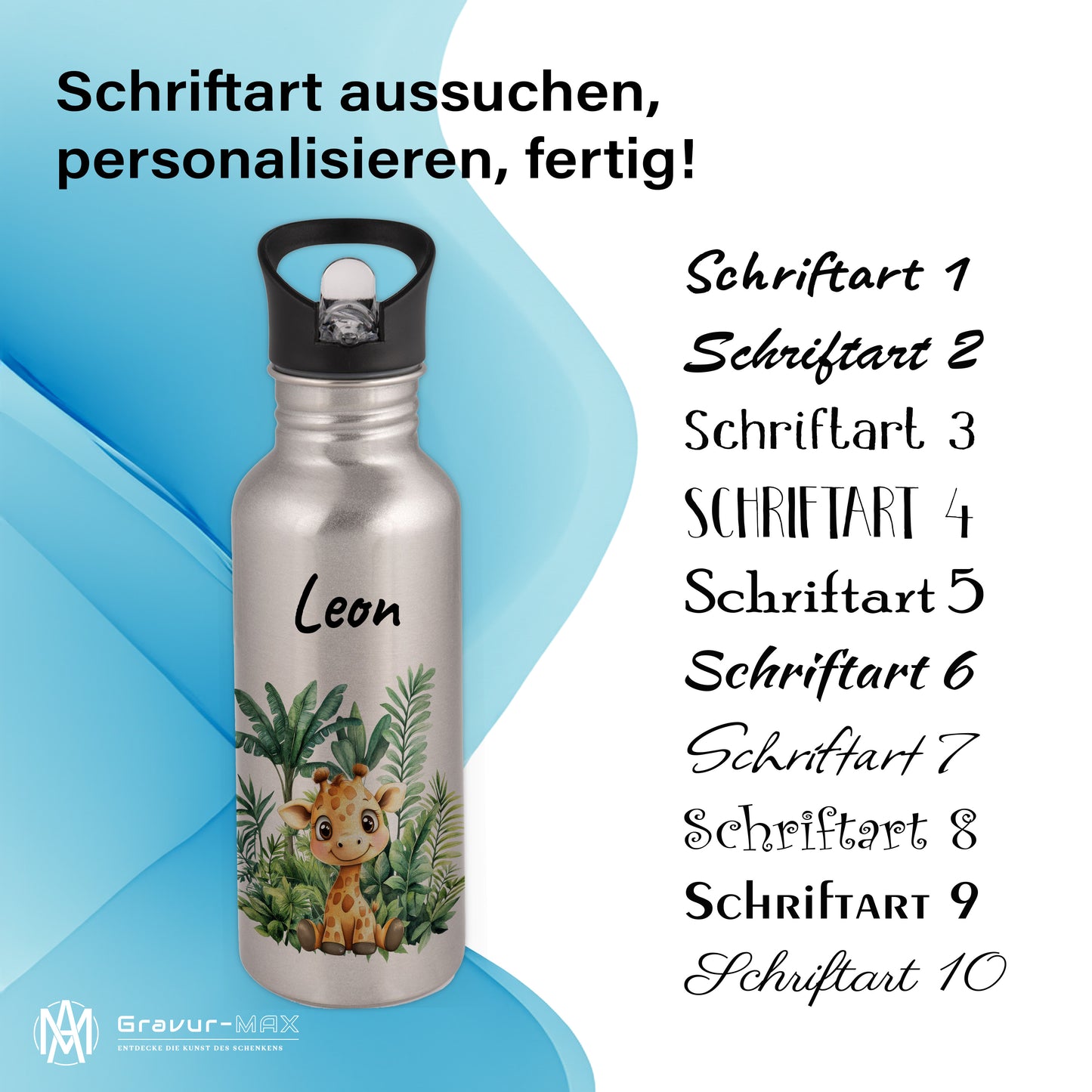 Trinkflasche mit Strohhalm in Silber 600ml bedruckt mit Dschungel Tieren"Giraffe" personalisierbar für Kinder mit Wunschname aus Edelstahl