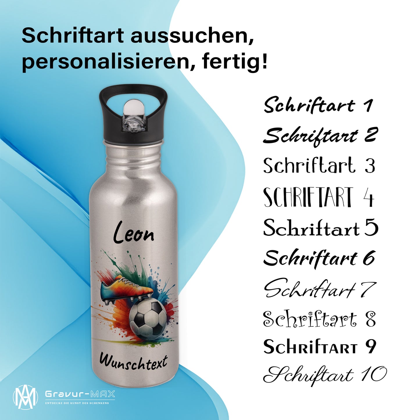 Trinkflasche mit Strohhalm in Silber 600ml bedruckt mit Fußball Motiven"Motiv6" personalisierbar für Kinder mit Wunschname aus Edelstahl