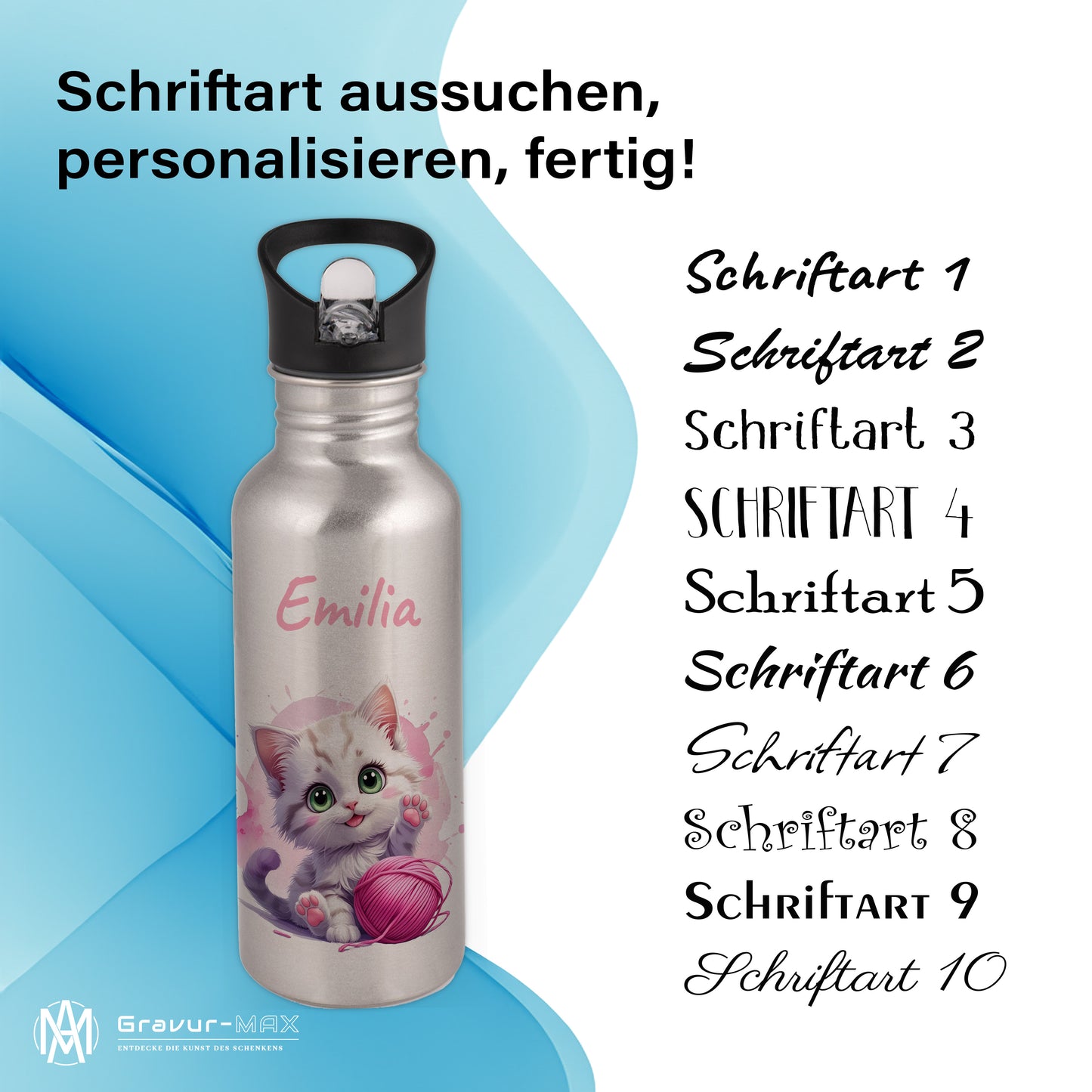 Trinkflasche mit Strohhalm in Silber 600ml bedruckt mit niedlichen Tieren"Katze" personalisierbar für Kinder mit Wunschname aus Edelstahl
