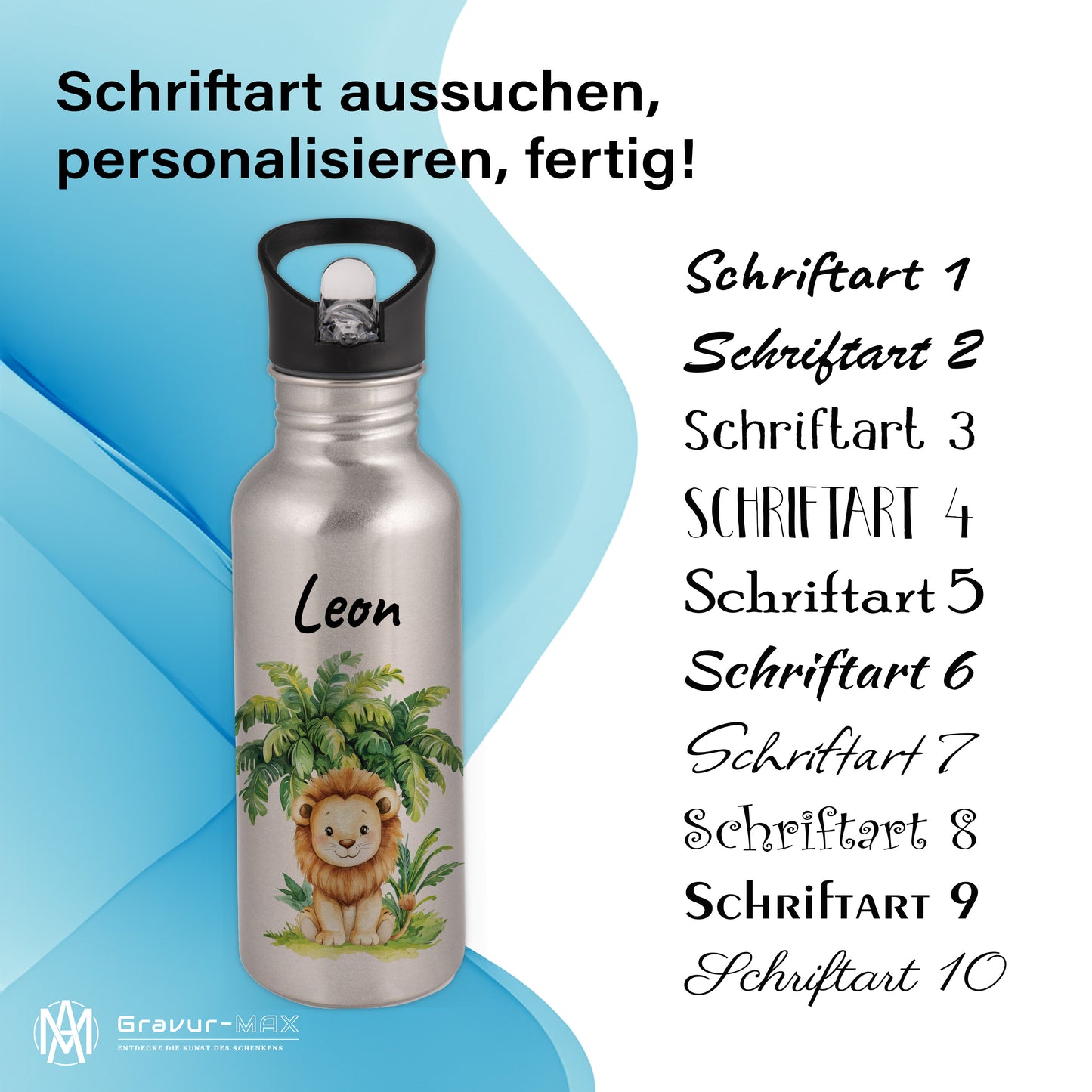 Trinkflasche mit Strohhalm in Silber 600ml bedruckt mit Dschungel Tieren"Löwe" personalisierbar für Kinder mit Wunschname aus Edelstahl