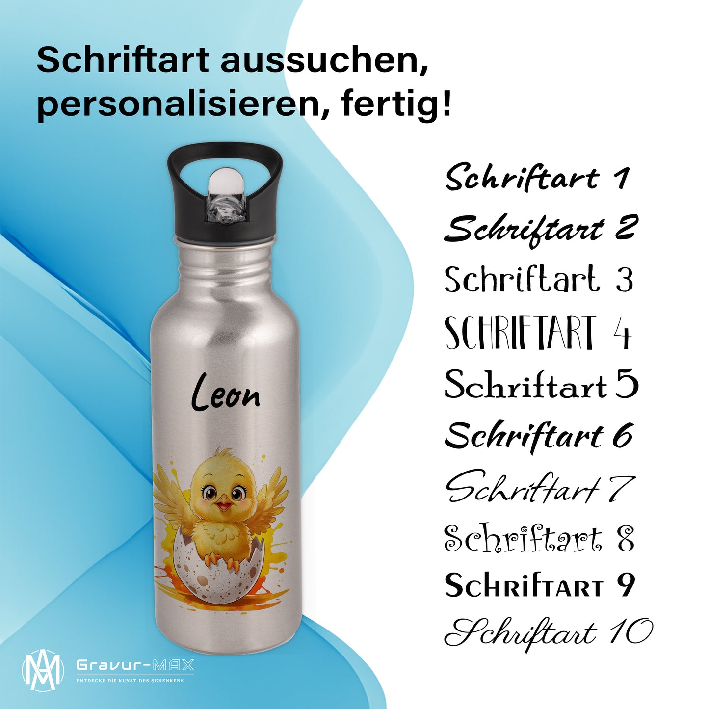 Trinkflasche mit Strohhalm in Silber 600ml bedruckt mit niedlichen Tieren"Küken" personalisierbar für Kinder mit Wunschname aus Edelstahl