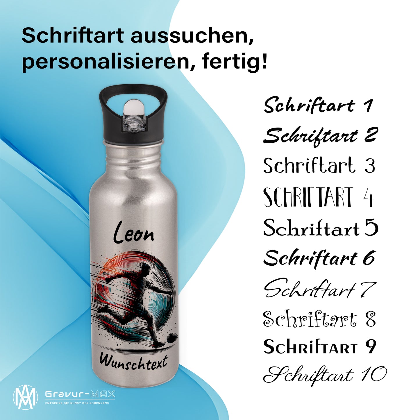 Trinkflasche mit Strohhalm in Silber 600ml bedruckt mit Fußball Motiven"Motiv3" personalisierbar für Kinder mit Wunschname aus Edelstahl