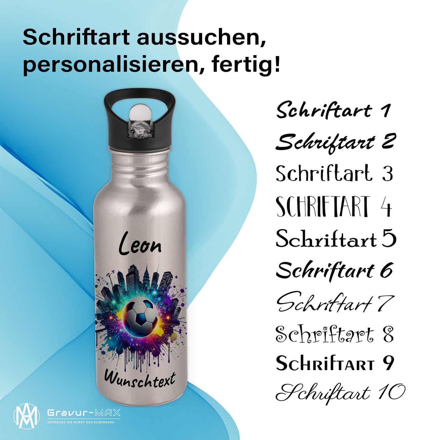 Trinkflasche mit Strohhalm in Silber 600ml bedruckt mit Fußball Motiven"Motiv7" personalisierbar für Kinder mit Wunschname aus Edelstahl