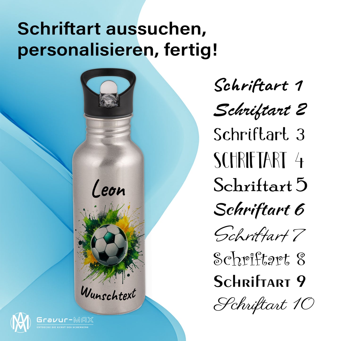 Trinkflasche mit Strohhalm in Silber 600ml bedruckt mit Fußball Motiven"Motiv11" personalisierbar für Kinder mit Wunschname aus Edelstahl